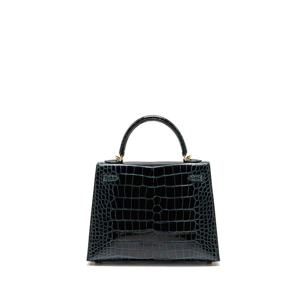 HERMES KELLY 25 SHINY ALLIGATOR MISSISSIPPIENSIS VERT CYPRES GHW