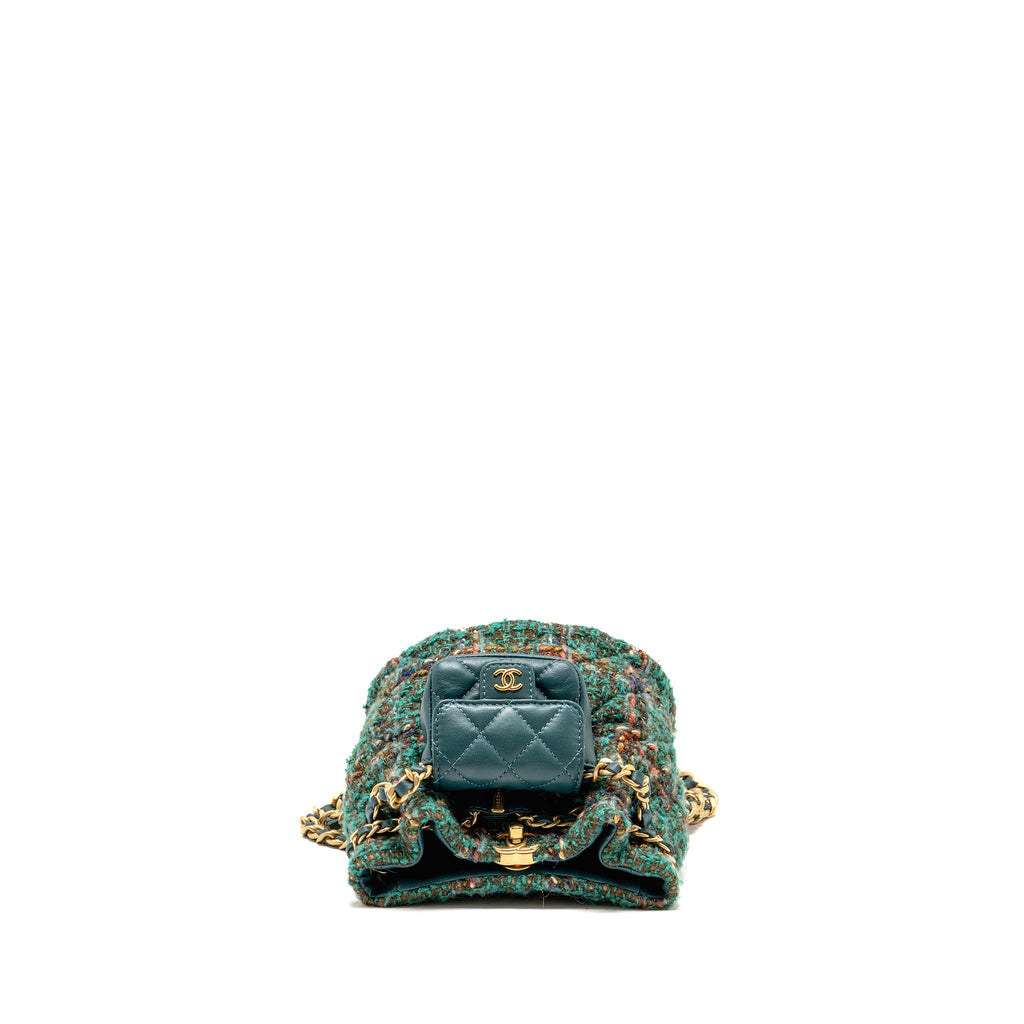 CHANEL BUCKET BACKPACK WITH CASE TWEED/LAMBSKIN DARK GREEN/MULTICOLOUR GHW (MICROCHIP)