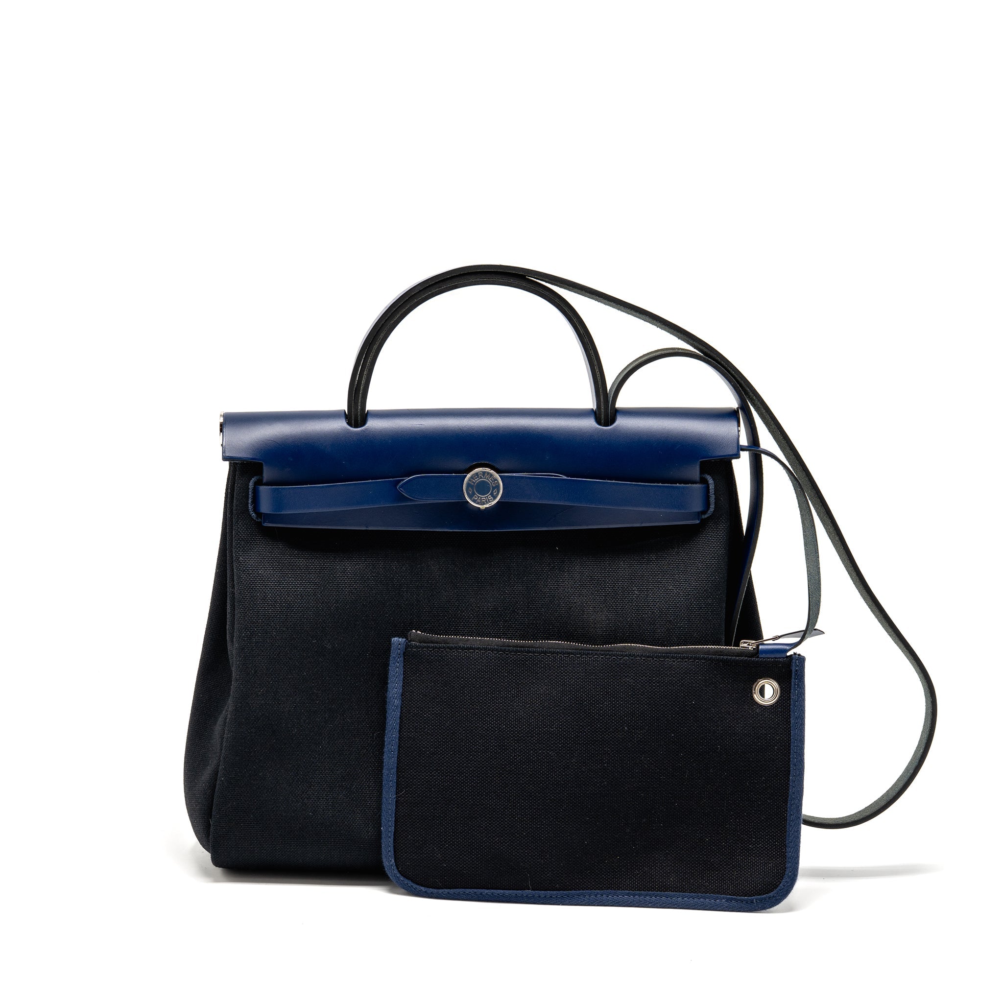 HERMES HERBAG 31 ZIP BAG CANVAS/LEATHER BLACK/BLUE SAPHIR SHW
