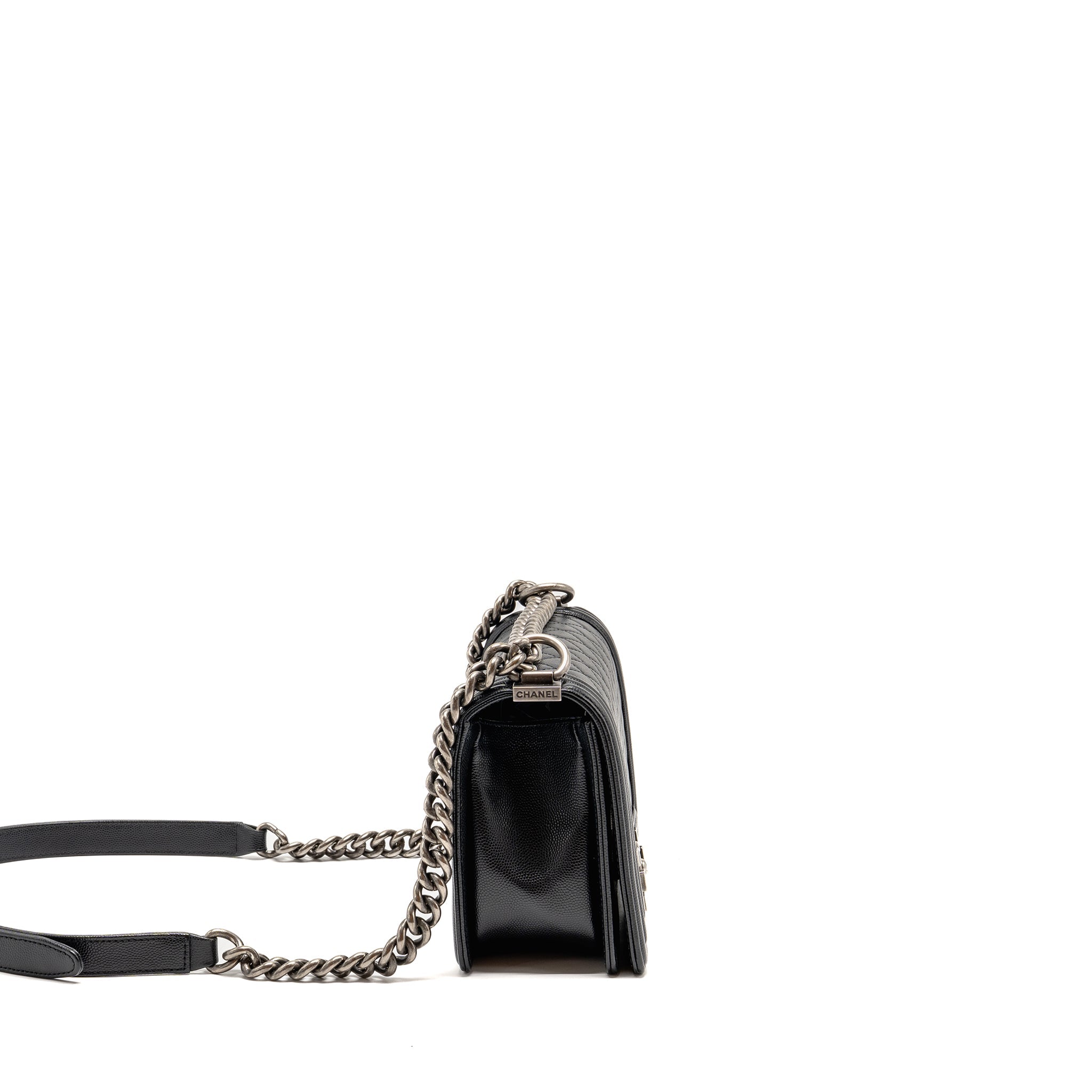 CHANEL MEDIUM BOY BAG CAVIAR BLACK RUTHENIUM SILVER HARDWARE