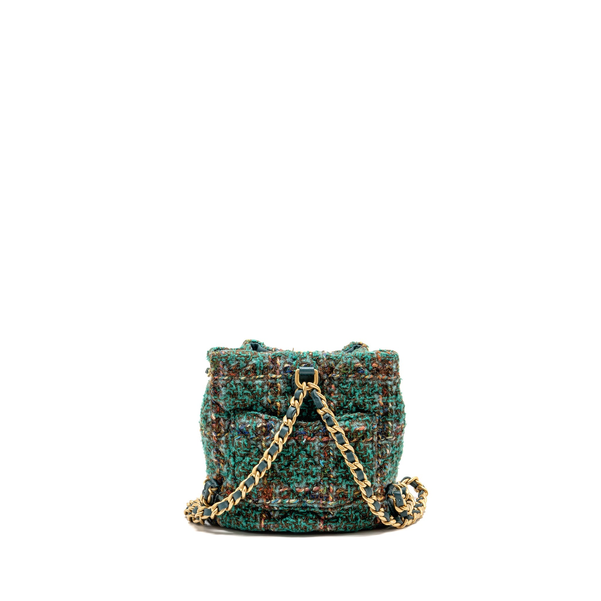 CHANEL BUCKET BACKPACK WITH CASE TWEED/LAMBSKIN DARK GREEN/MULTICOLOUR GHW (MICROCHIP)