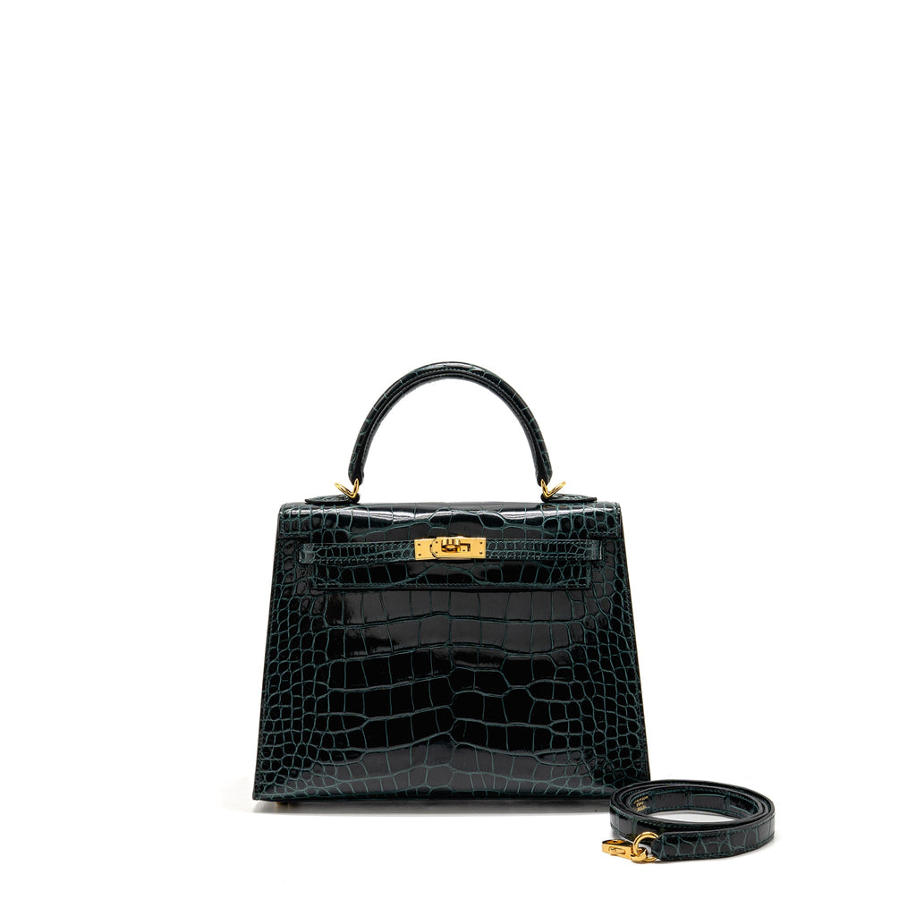 HERMES KELLY 25 SHINY ALLIGATOR MISSISSIPPIENSIS VERT CYPRES GHW