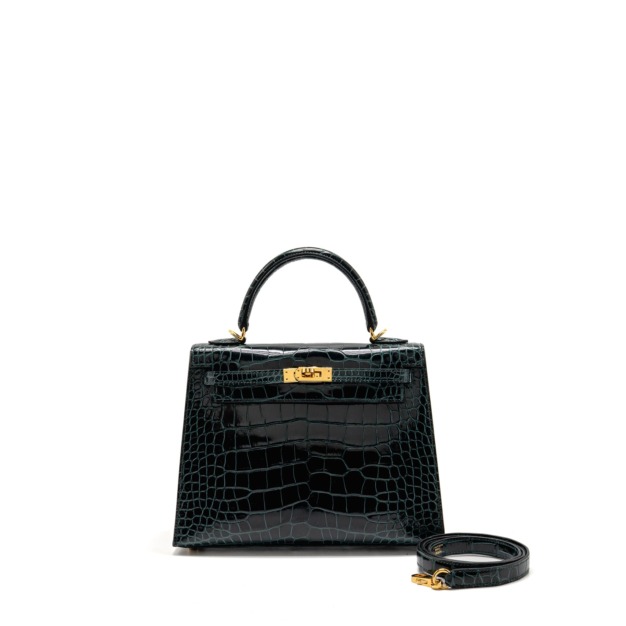 HERMES KELLY 25 SHINY ALLIGATOR MISSISSIPPIENSIS VERT CYPRES GHW
