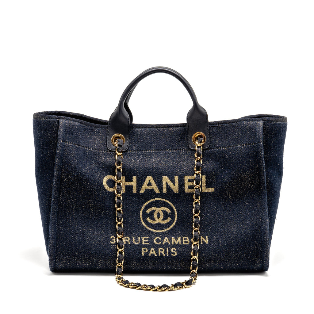 CHANEL LARGE DEAUVILLE TOTE SHOPPING BAG DENIM/LEATHER NAVY BLUE/GOLD GHW