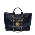 CHANEL LARGE DEAUVILLE TOTE SHOPPING BAG DENIM/LEATHER NAVY BLUE/GOLD GHW