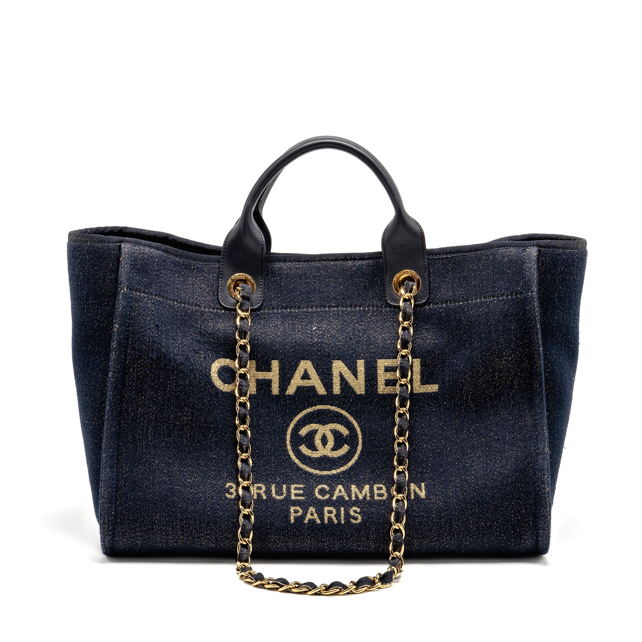 CHANEL LARGE DEAUVILLE TOTE SHOPPING BAG DENIM/LEATHER NAVY BLUE/GOLD GHW