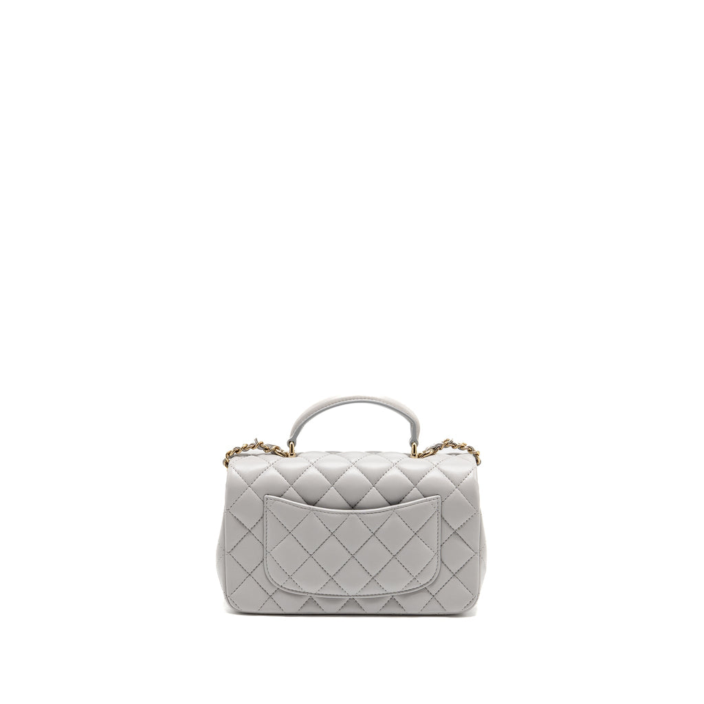 CHANEL TOP HANDLE MINI RECTANGULAR FLAP BAG LAMBSKIN LIGHT GREY LGHW (MICROCHIP)