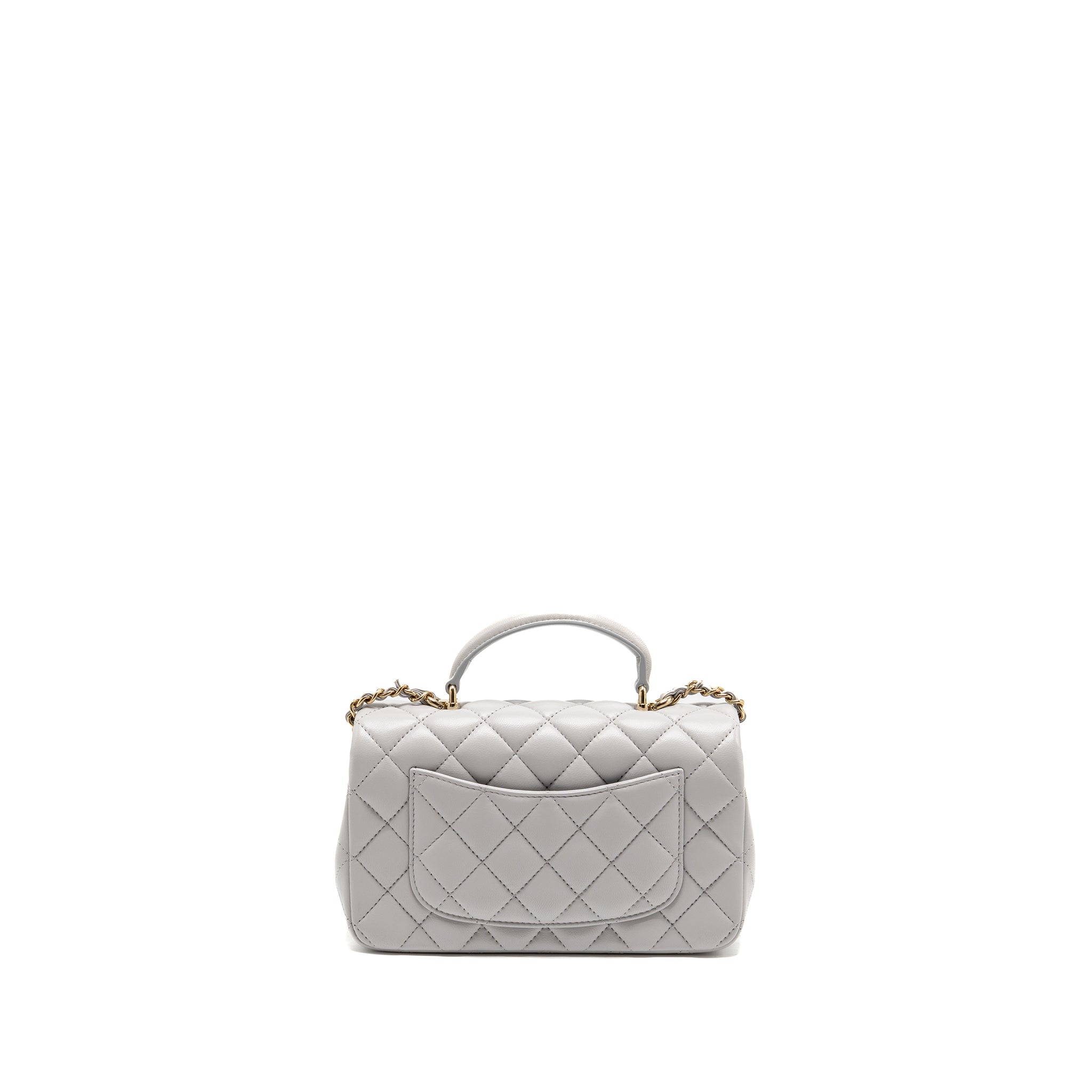 CHANEL TOP HANDLE MINI RECTANGULAR FLAP BAG LAMBSKIN LIGHT GREY LGHW (MICROCHIP)