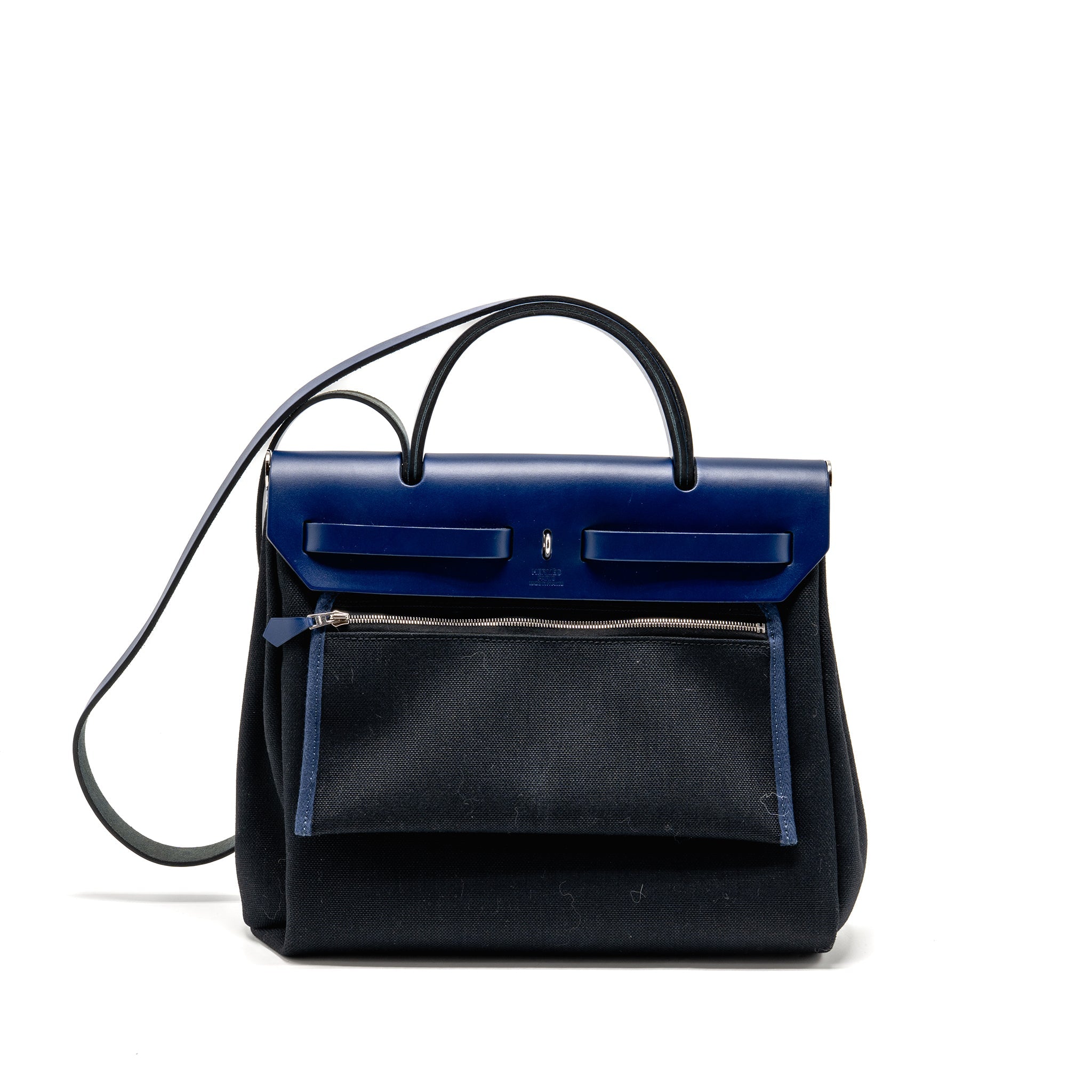 HERMES HERBAG 31 ZIP BAG CANVAS/LEATHER BLACK/BLUE SAPHIR SHW