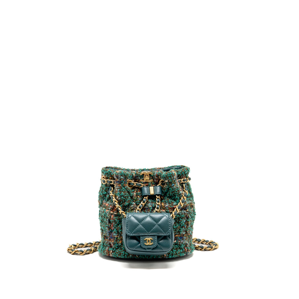 CHANEL BUCKET BACKPACK WITH CASE TWEED/LAMBSKIN DARK GREEN/MULTICOLOUR GHW (MICROCHIP)