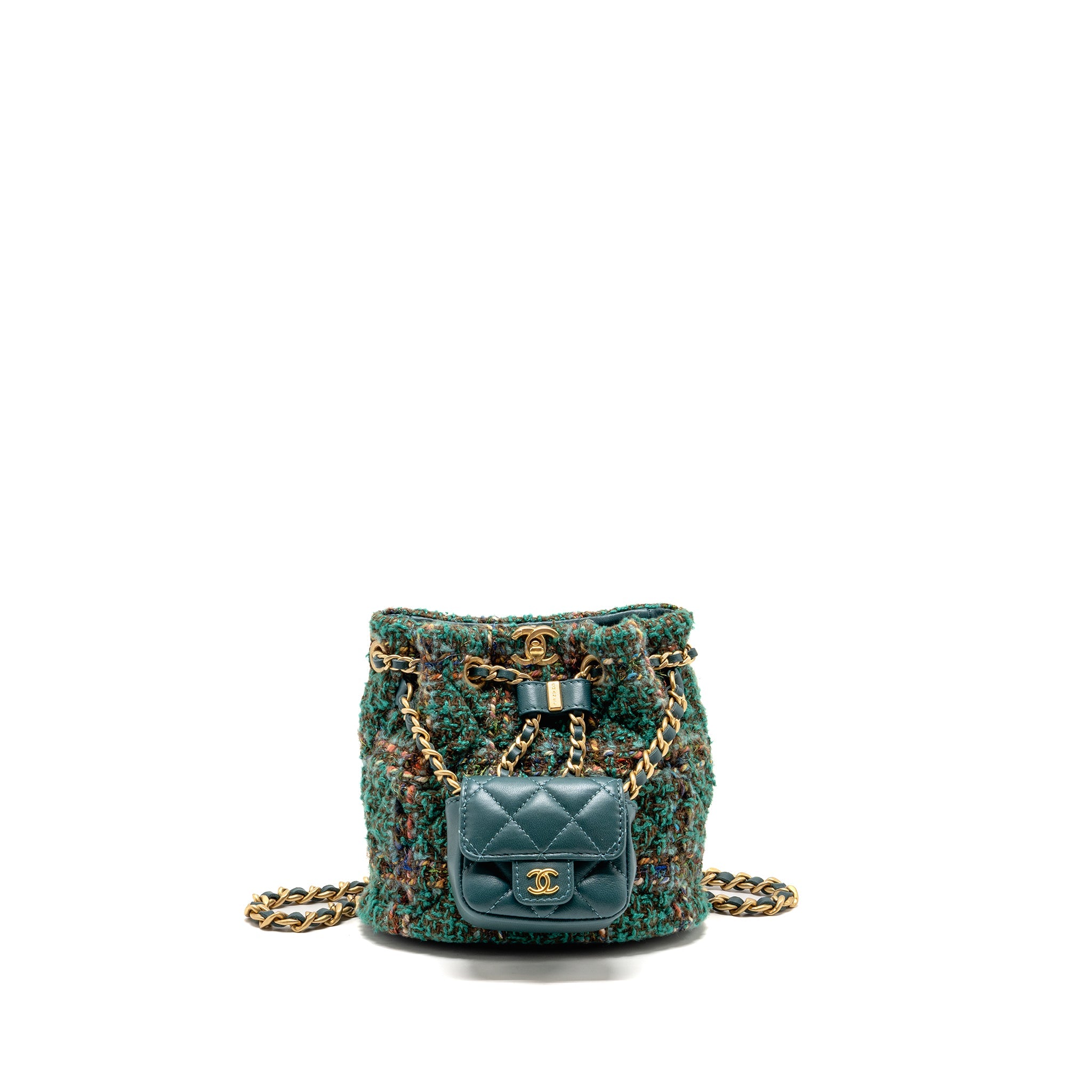 CHANEL BUCKET BACKPACK WITH CASE TWEED/LAMBSKIN DARK GREEN/MULTICOLOUR GHW (MICROCHIP)