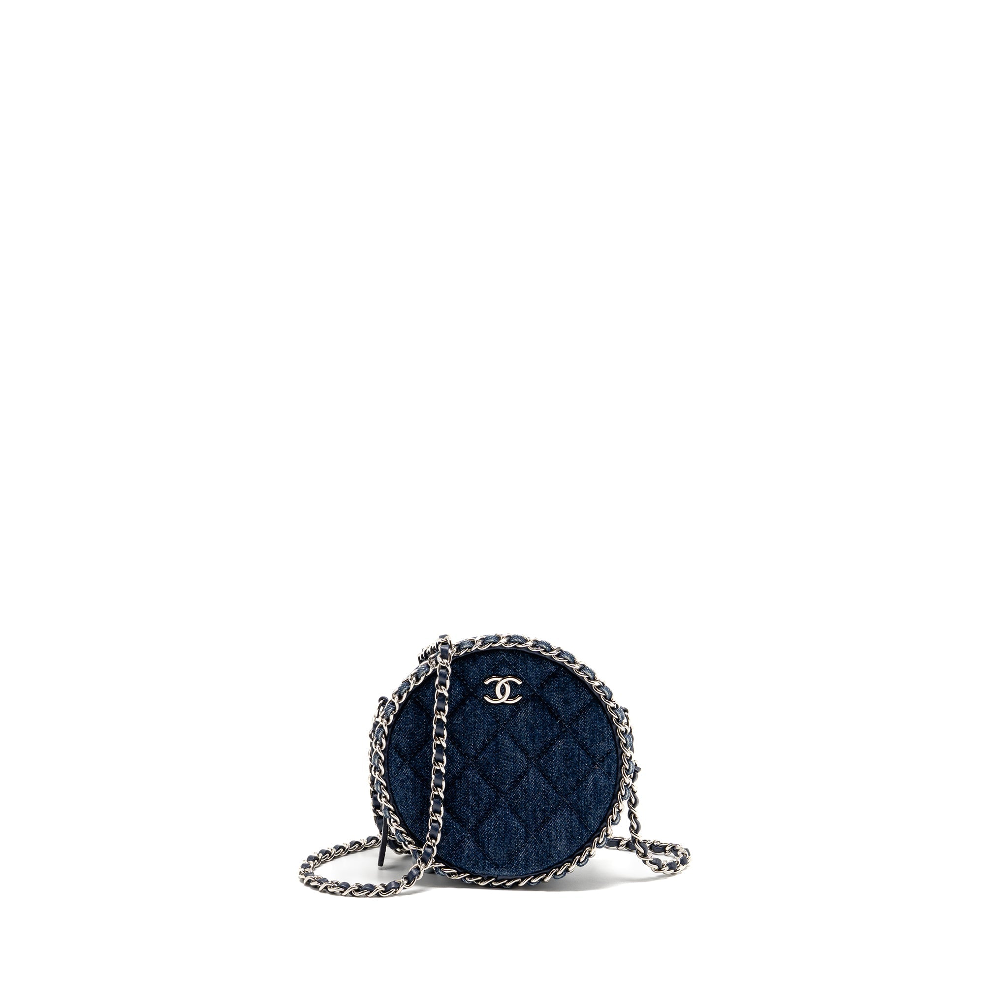 CHANEL CC QUILTED ROUND CLUTCH WITH CHAIN DENIM DARK BLUE SHW