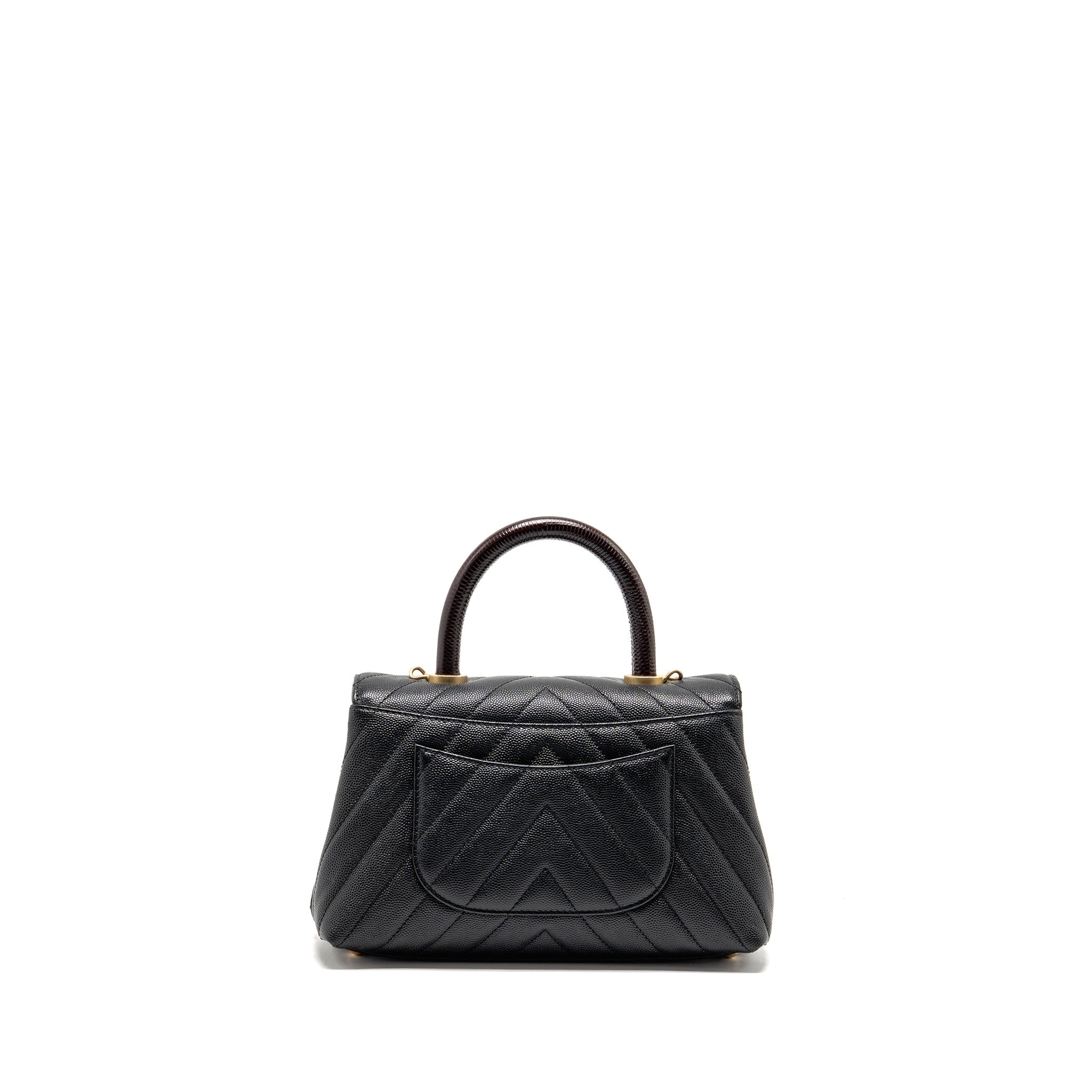 CHANEL SMALL COCO HANDLE WITH LIZARD EMBOSSED HANDLE CHEVRON CAVIAR BLACK GHW