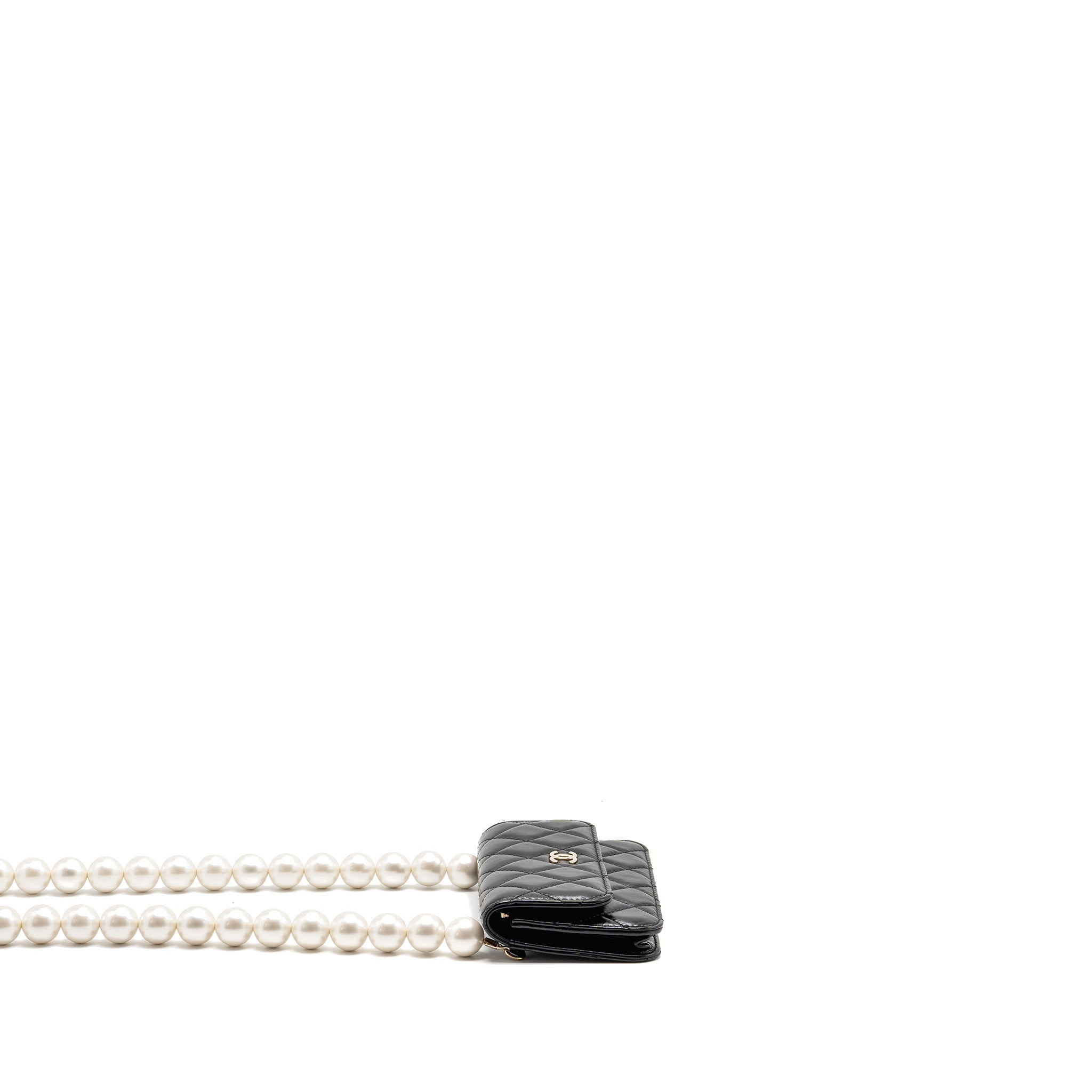 CHANEL CARD HOLDER WITH MAXI PEARLS CHAIN LAMBSKIN BLACK LGHW