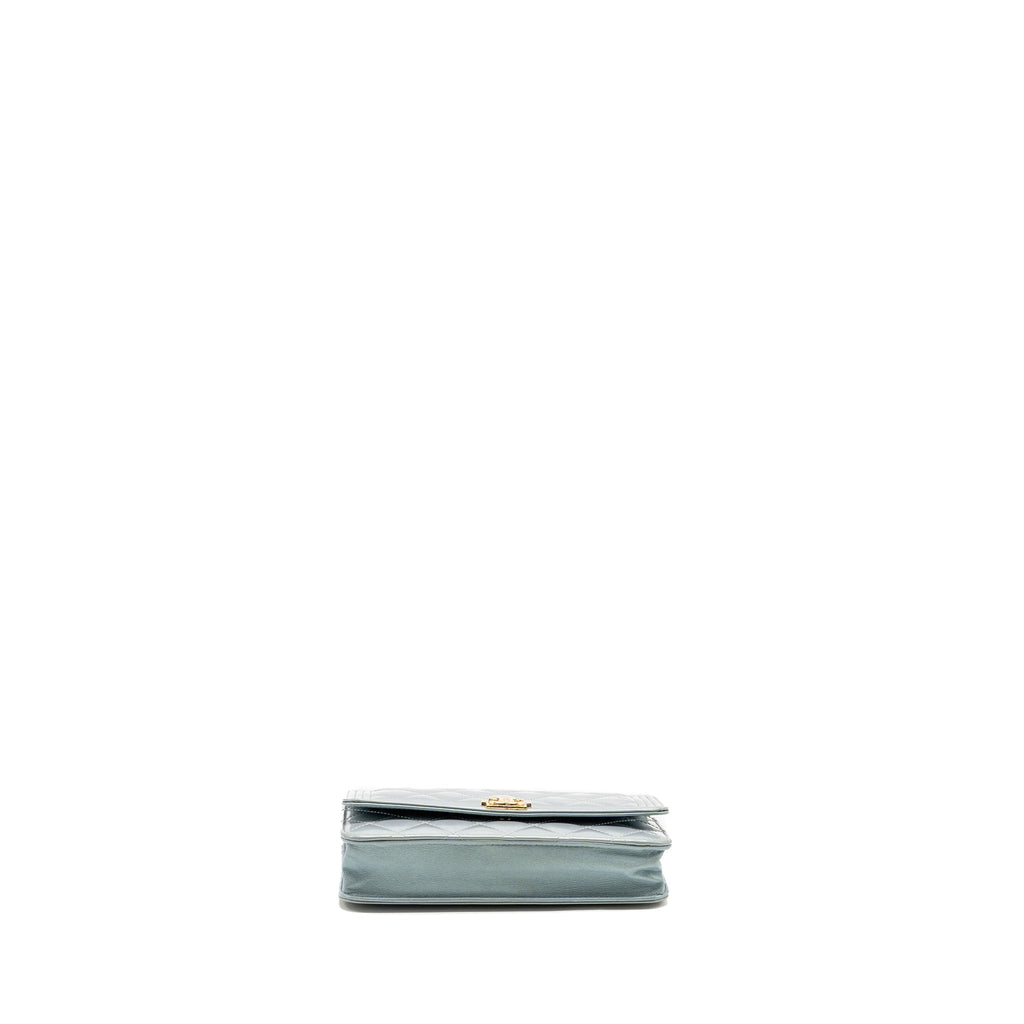 CHANEL BOY WALLET ON CHAIN PATENT CALFSKIN IRIDESCENT LIGHT BLUE LGHW