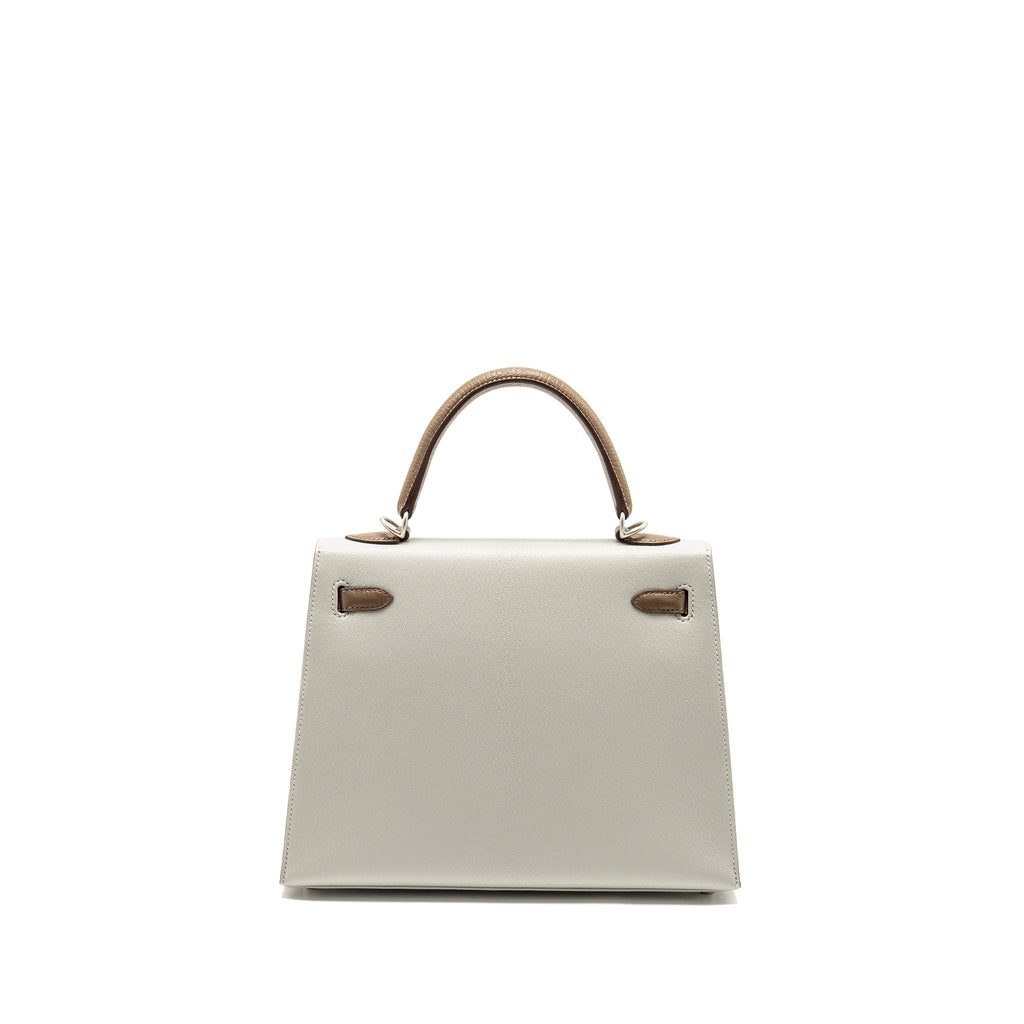 HERMES KELLY 25 SPECIAL ORDER CHÈVRE MYSORE GRIS PERLE/ETOUPE BRUSHED SHW
