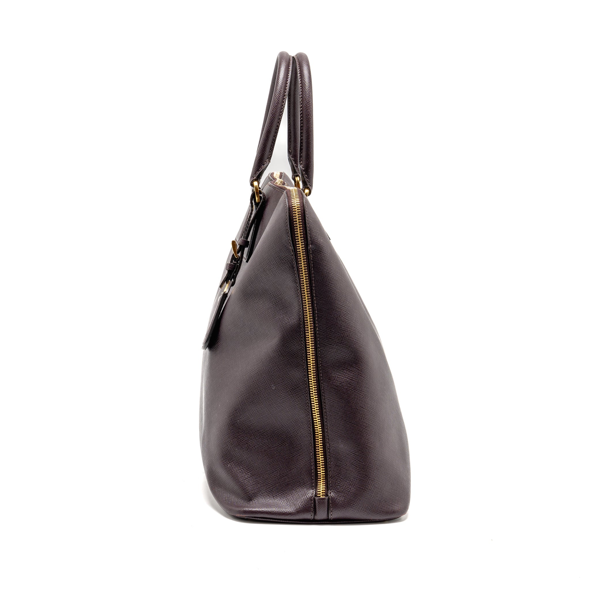 PRADA SAFFIANO VERNICE PROMENADE LARGE DOME TOTE BAG LEATHER MOGANO GHW