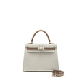 HERMES KELLY 25 SPECIAL ORDER CHÈVRE MYSORE GRIS PERLE/ETOUPE BRUSHED SHW