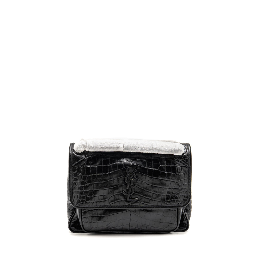 SAINT LAURENT / YSL MEDIUM NIKI BAG CROCODILE-EMBOSSED BLACK CALFSKIN BLACK HARDWARE