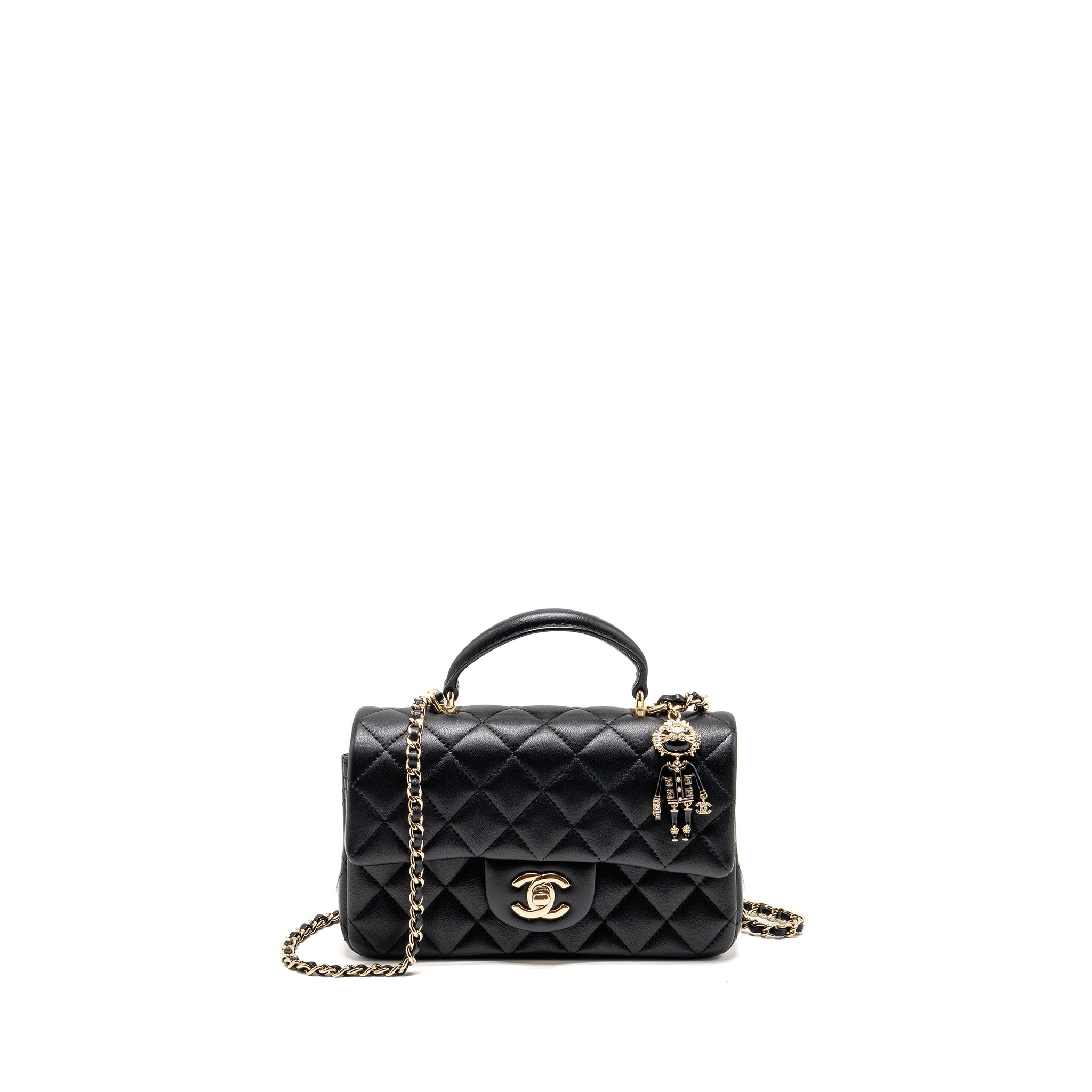 CHANEL TOP HANDLE MINI RECTANGULAR WITH DETAILED CHARM LAMBSKIN BLACK LGHW (MICROCHIP)