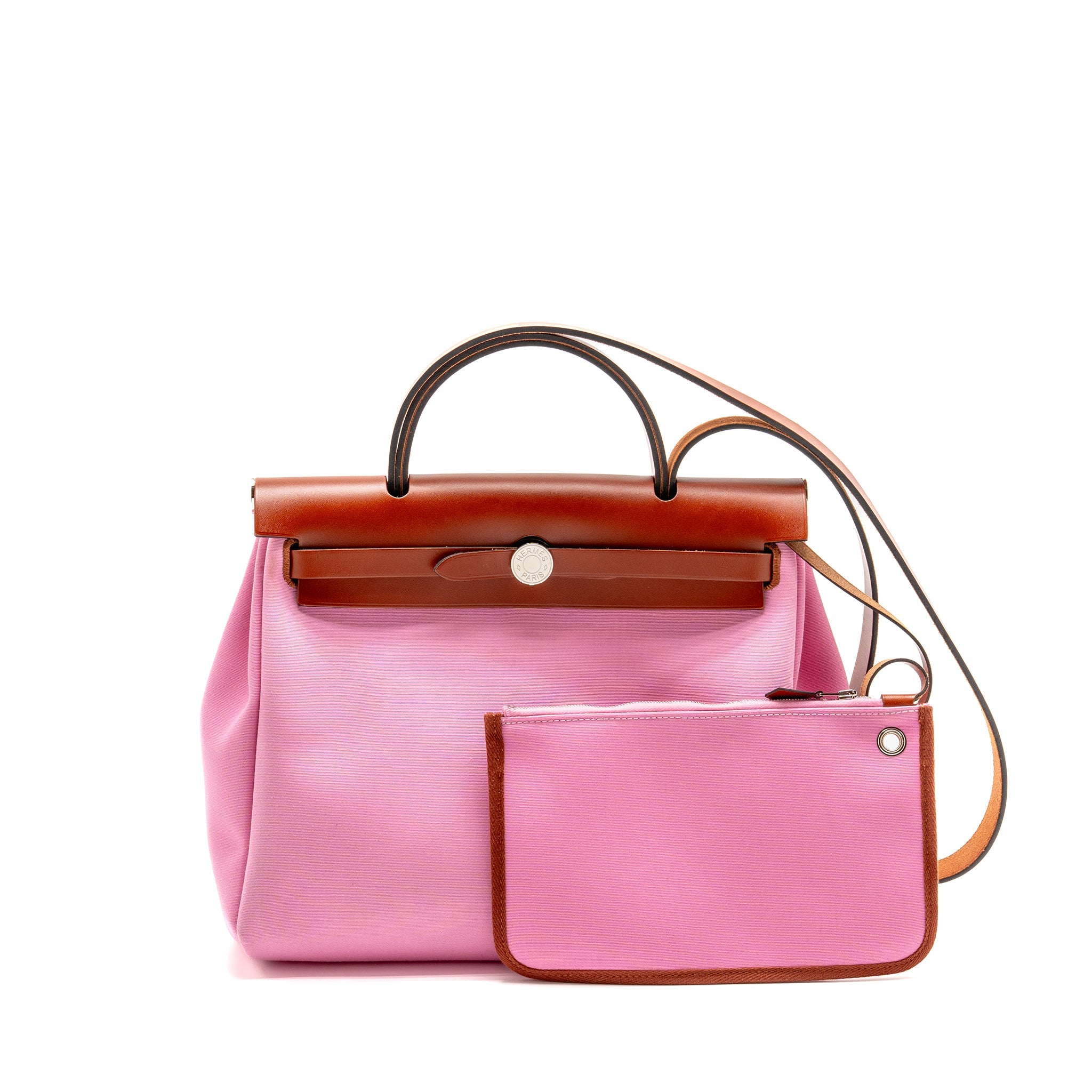 HERMES HERBAG 31 ZIP BAG CANVAS/HUNTER LEATHER PINK/CUIVRE SHW