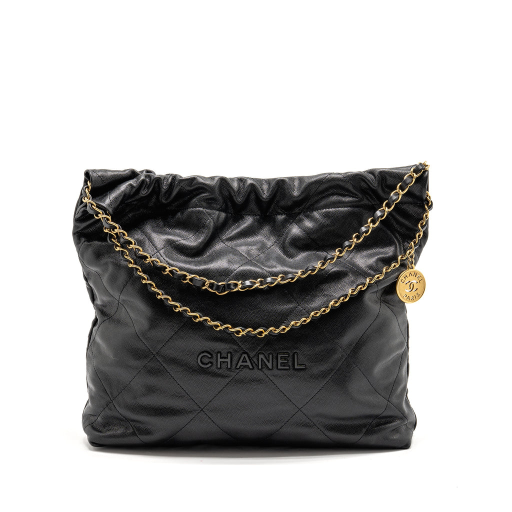 CHANEL MEDIUM 22 BAG BLACK LETTER CAVIAR BLACK GHW (MICROCHIP)