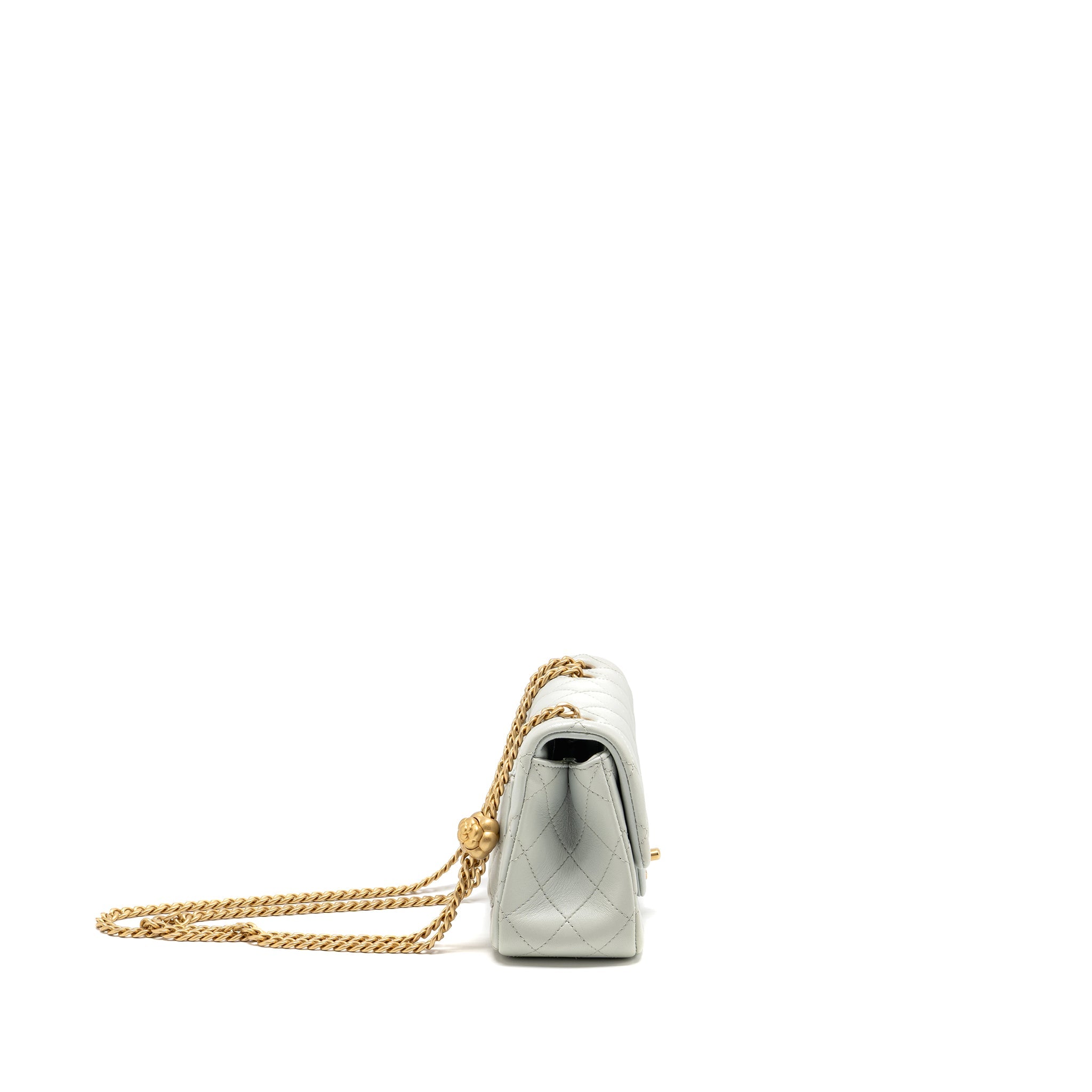 CHANEL CAMELLIA ADJUSTABLE CHAIN MINI SQUARE FLAP BAG LAMBSKIN LIGHT GREY GHW (MICROCHIP)