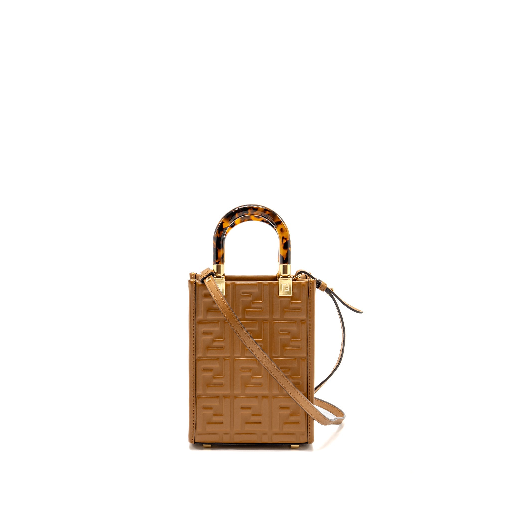 FENDI MINI SUNSHINE SHOPPER BAG FF LEATHER BROWN GHW