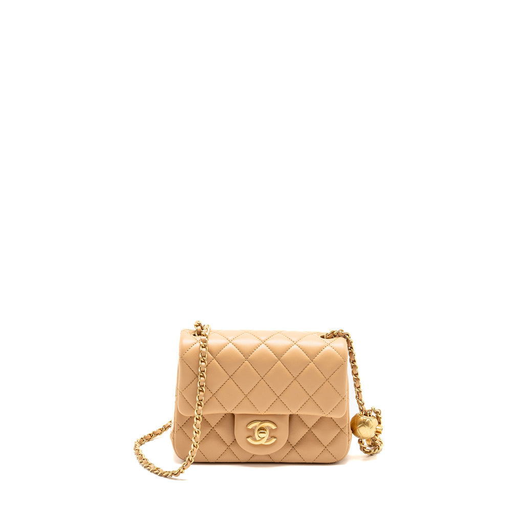 CHANEL PEARL CRUSH MINI SQUARE FLAP BAG LAMBSKIN BEIGE GHW (MICROCHIP)