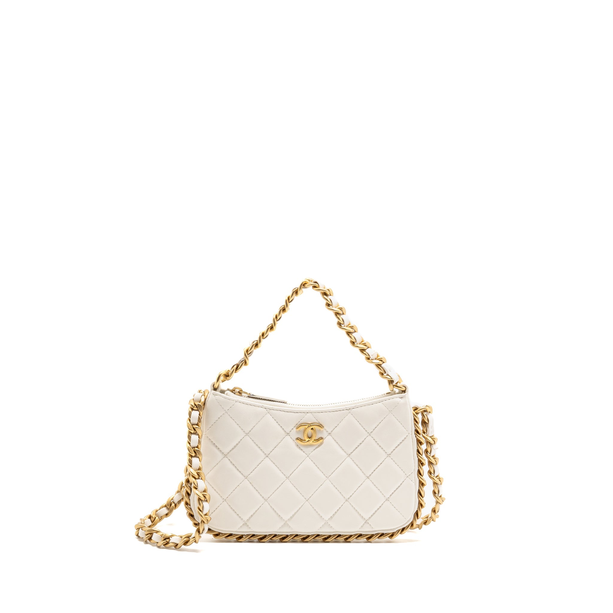CHANEL QUILTED CC PURSE WITH CHAIN SHINY CRUMPLED LAMBSKIN WHITE GHW (MICROCHIP)
