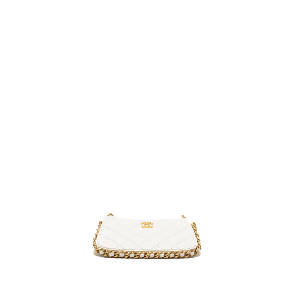 CHANEL QUILTED CC PURSE WITH CHAIN SHINY CRUMPLED LAMBSKIN WHITE GHW (MICROCHIP)
