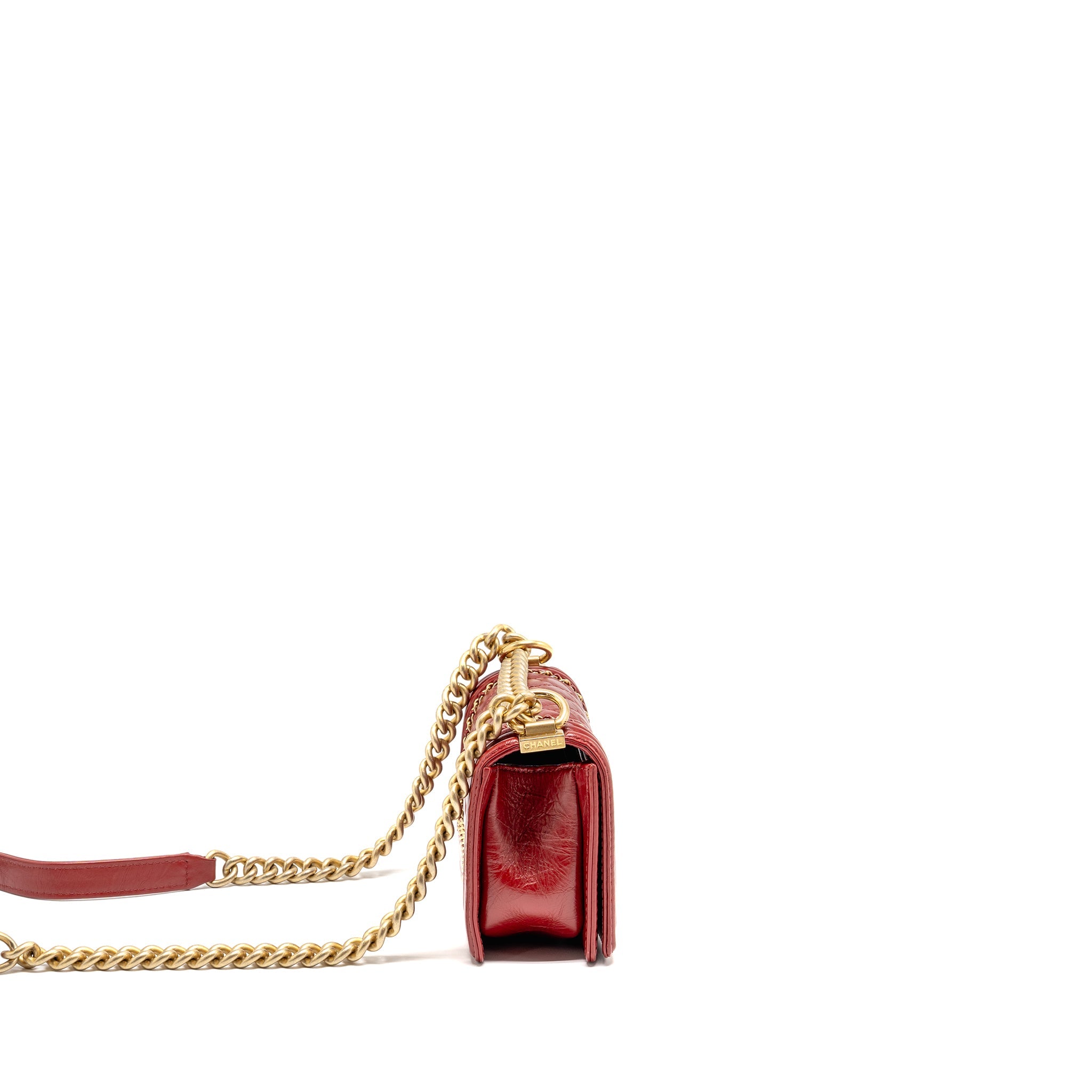 CHANEL SMALL JACKET BOY BAG AGED CALFSKIN RED GHW