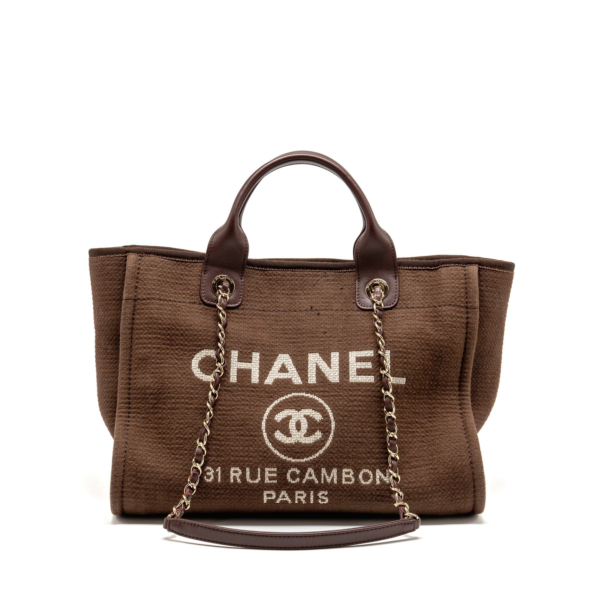 CHANEL DEAUVILLE TOTE BAG CANVAS DARK BROWN LGHW (MICROCHIP)