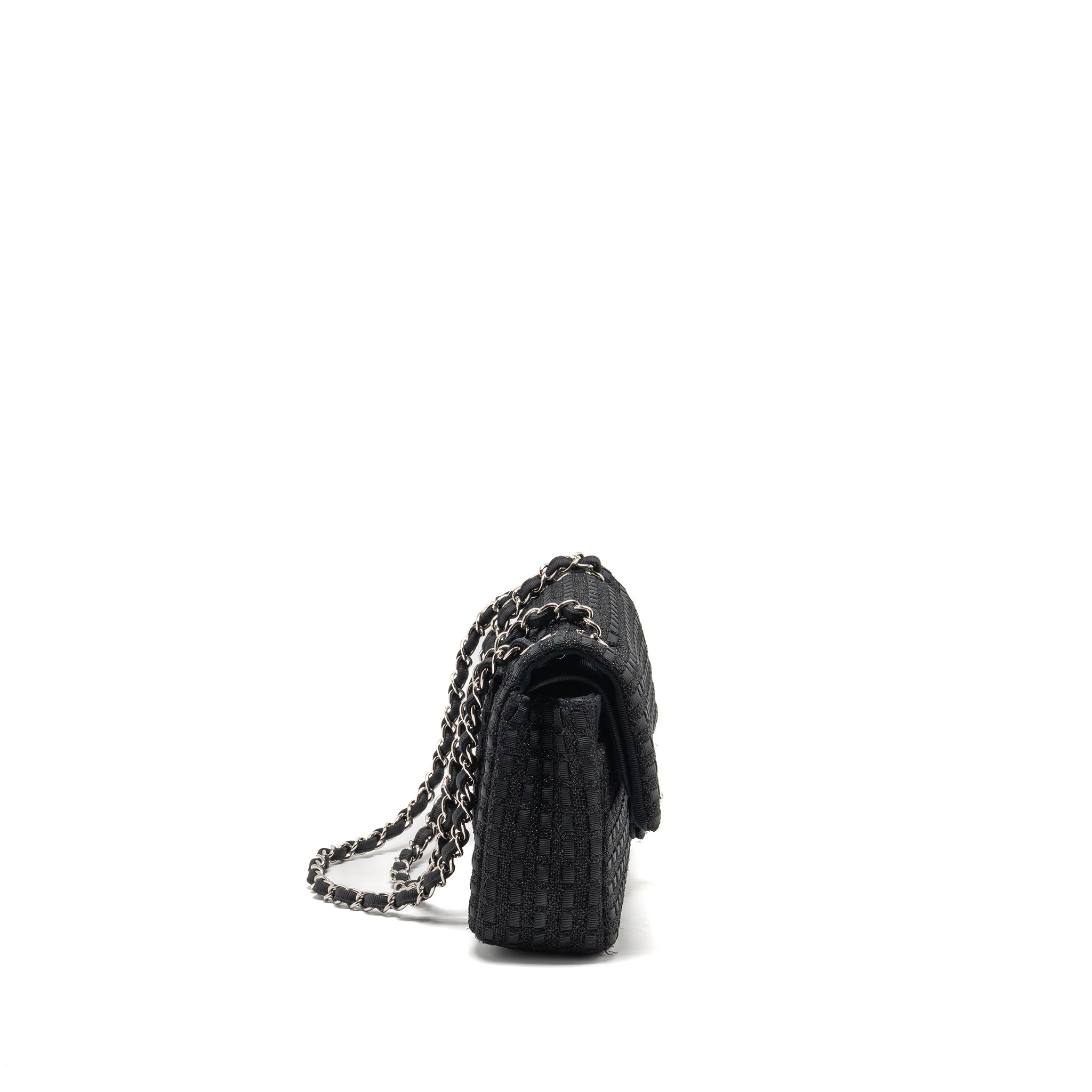 CHANEL MEDIUM CLASSIC DOUBLE FLAP BAG TWEED BLACK SHW