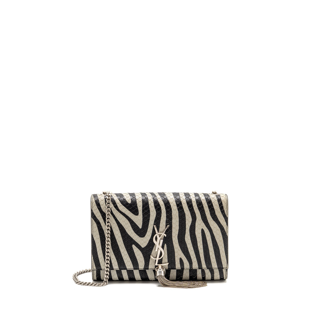 SAINT LAURENT/YSL MEDIUM KATE SHOULDER BAG WITH TASSEL EMBOSSED LEATHER BLACK/WHITE SHW
