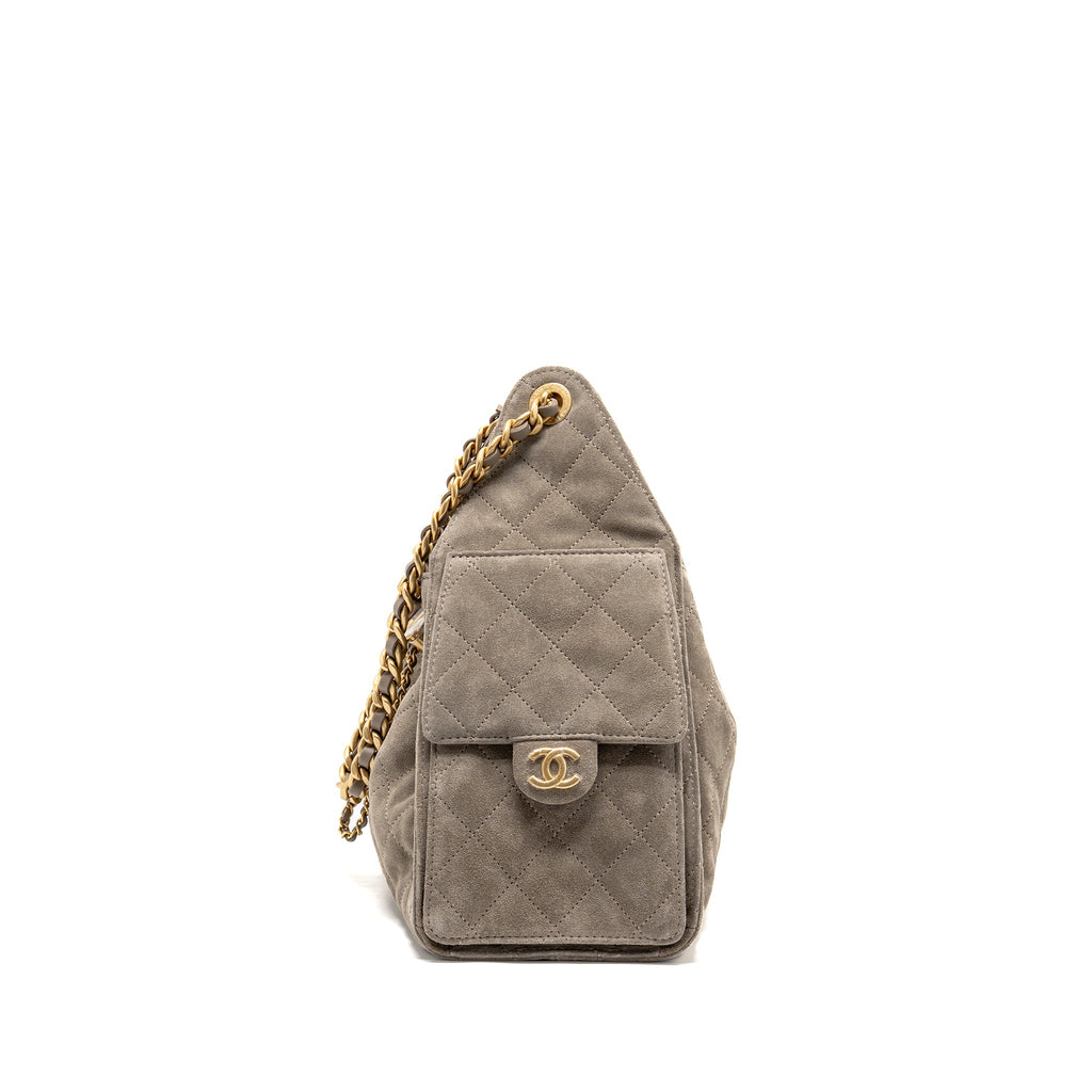 CHANEL SMALL 25 BAG SUEDE GREY GHW (MICROCHIP)