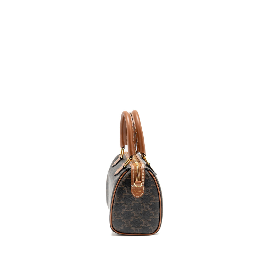 CELINE SMALL BOSTON BAG TRIOMPHE CANVAS/CALFSKIN TAN GHW