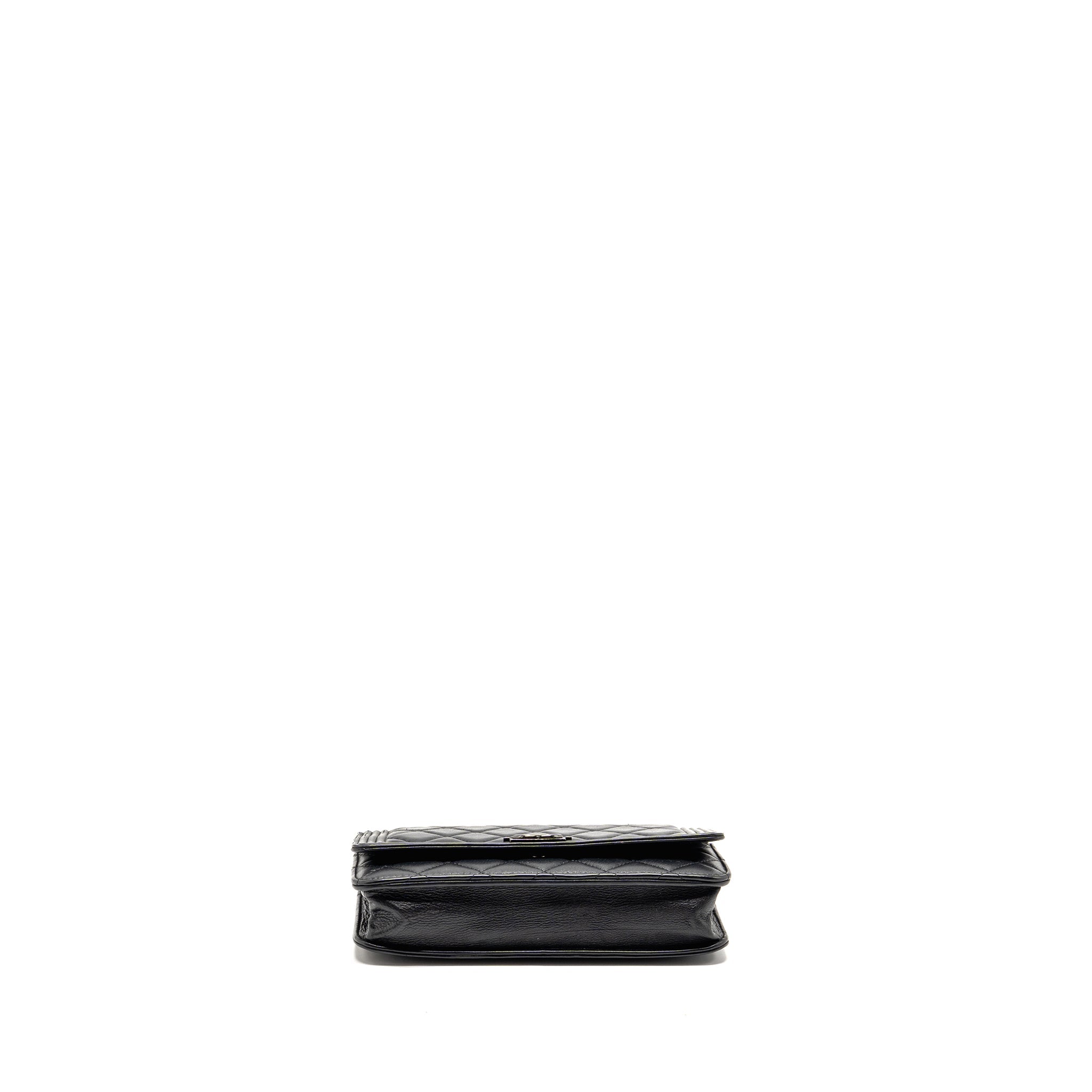 CHANEL BOY WALLET ON CHAIN CALFSKIN BLACK WITH BLACK HARDWARE