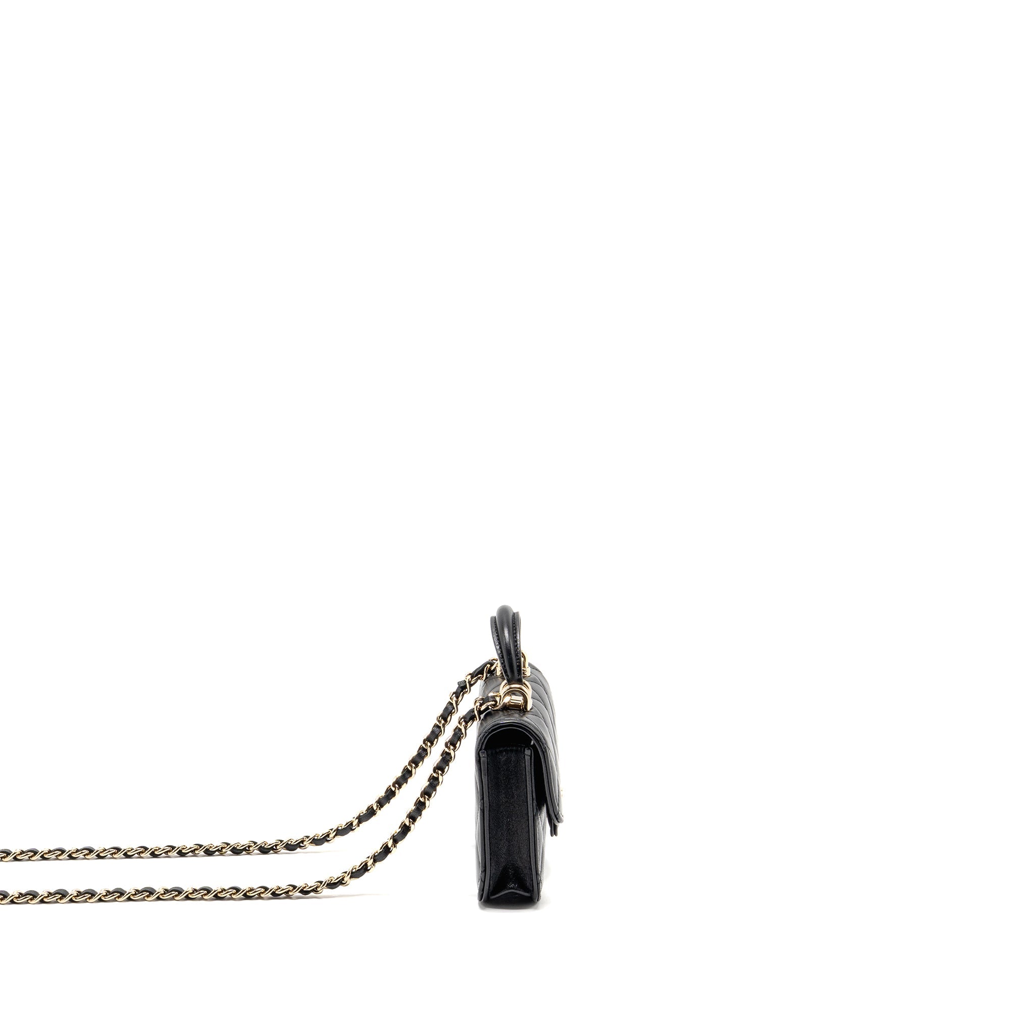 CHANEL MINI TOP HANDLE FLAP COIN PURSE WITH CHAIN LAMBSKIN BLACK LGHW