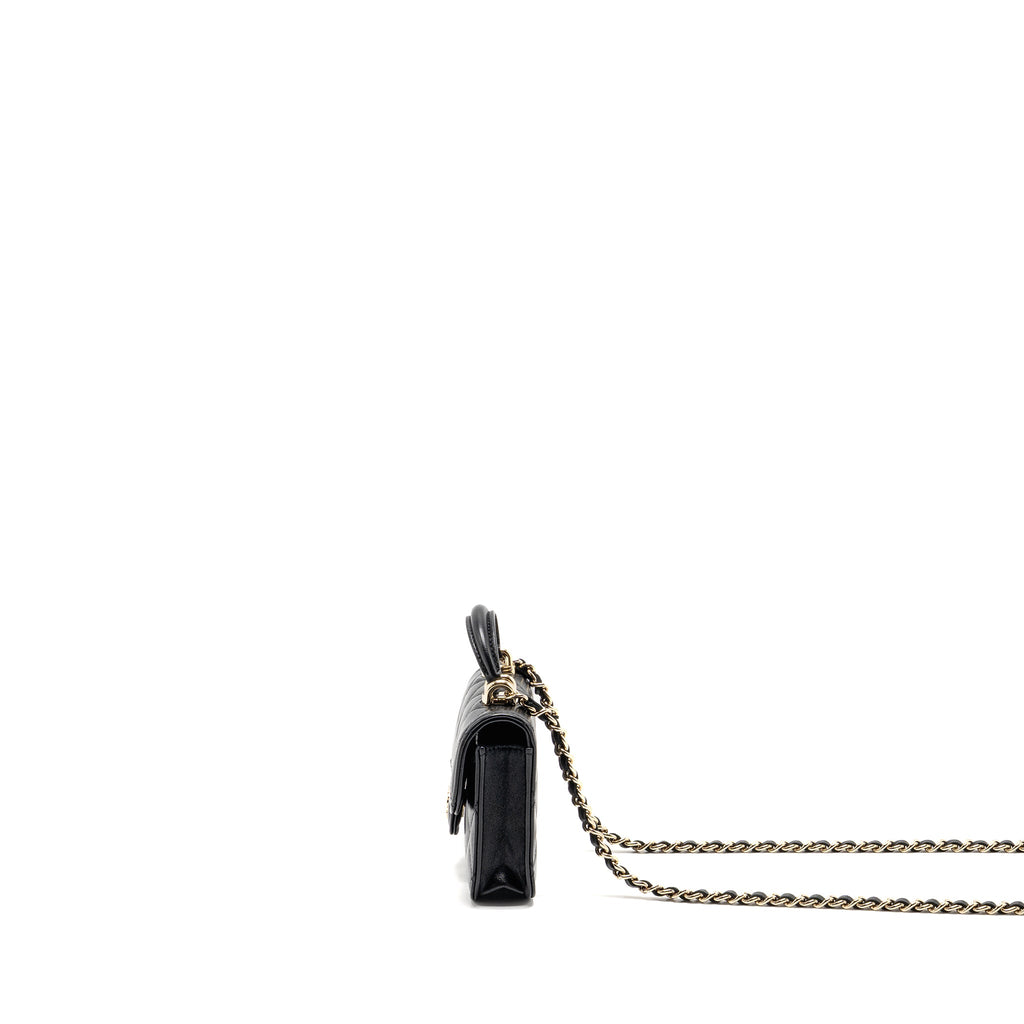 CHANEL MINI TOP HANDLE FLAP COIN PURSE WITH CHAIN LAMBSKIN BLACK LGHW