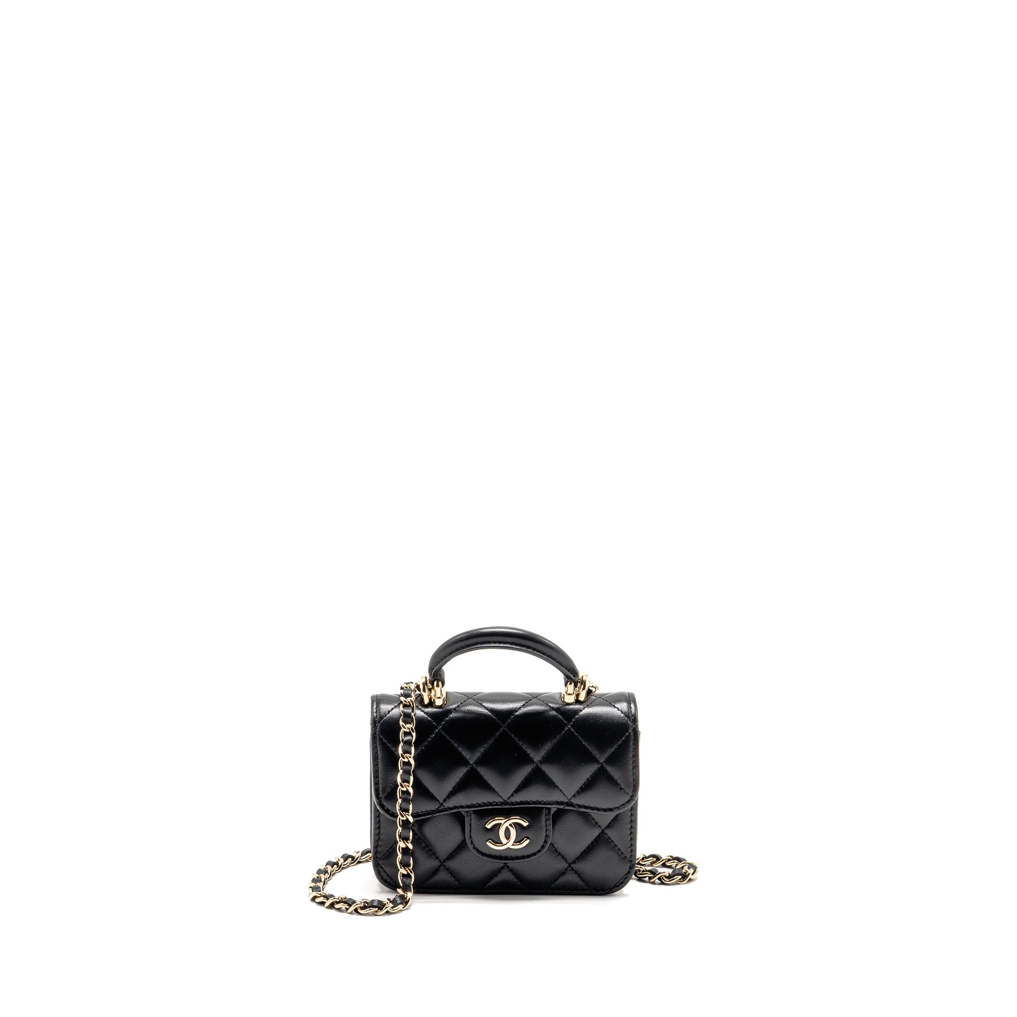 CHANEL MINI TOP HANDLE FLAP COIN PURSE WITH CHAIN LAMBSKIN BLACK LGHW
