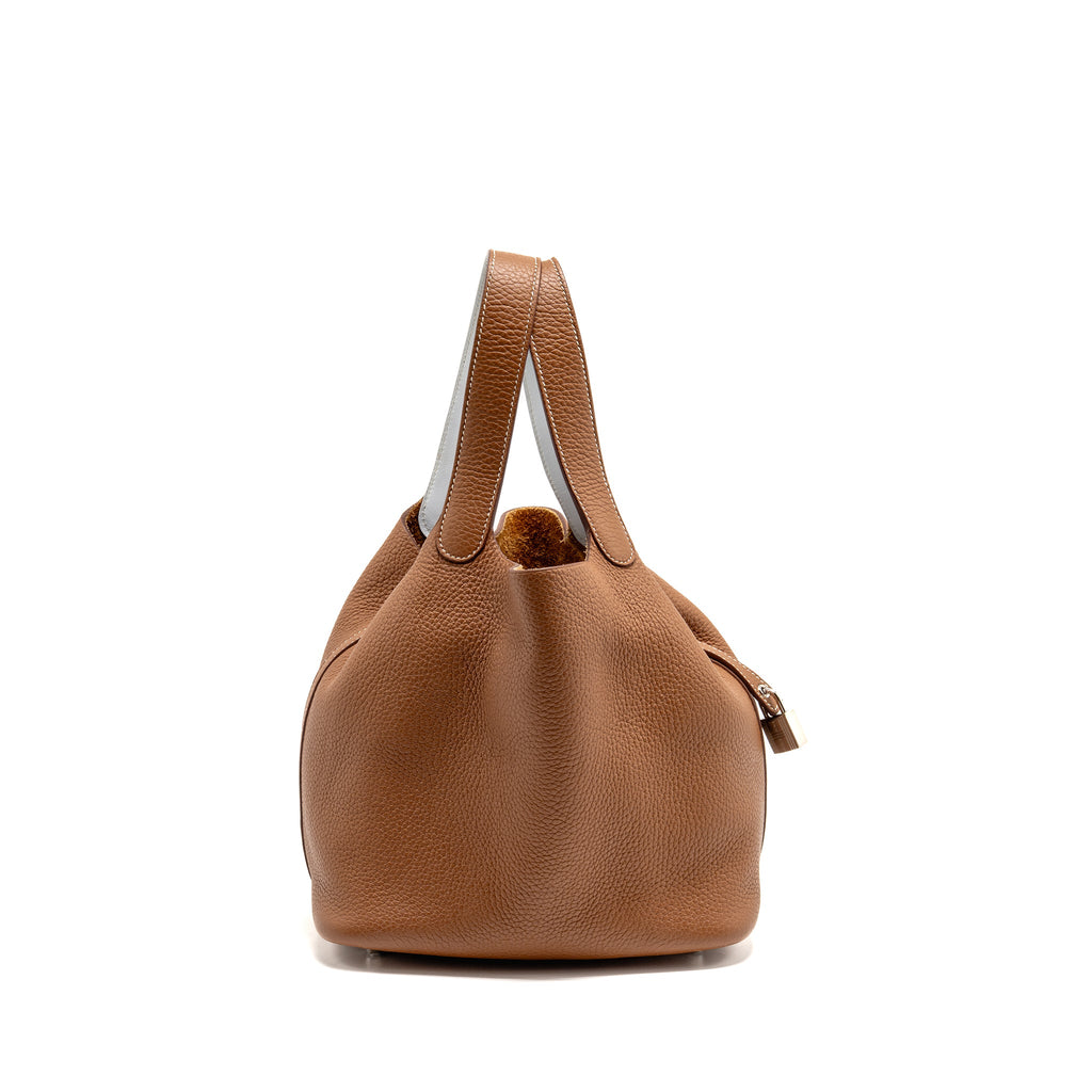 HERMES PICOTIN 22 LOCK BAG CLEMENCE/SWIFT GOLD/BLUE BRUME HANDLE SHW