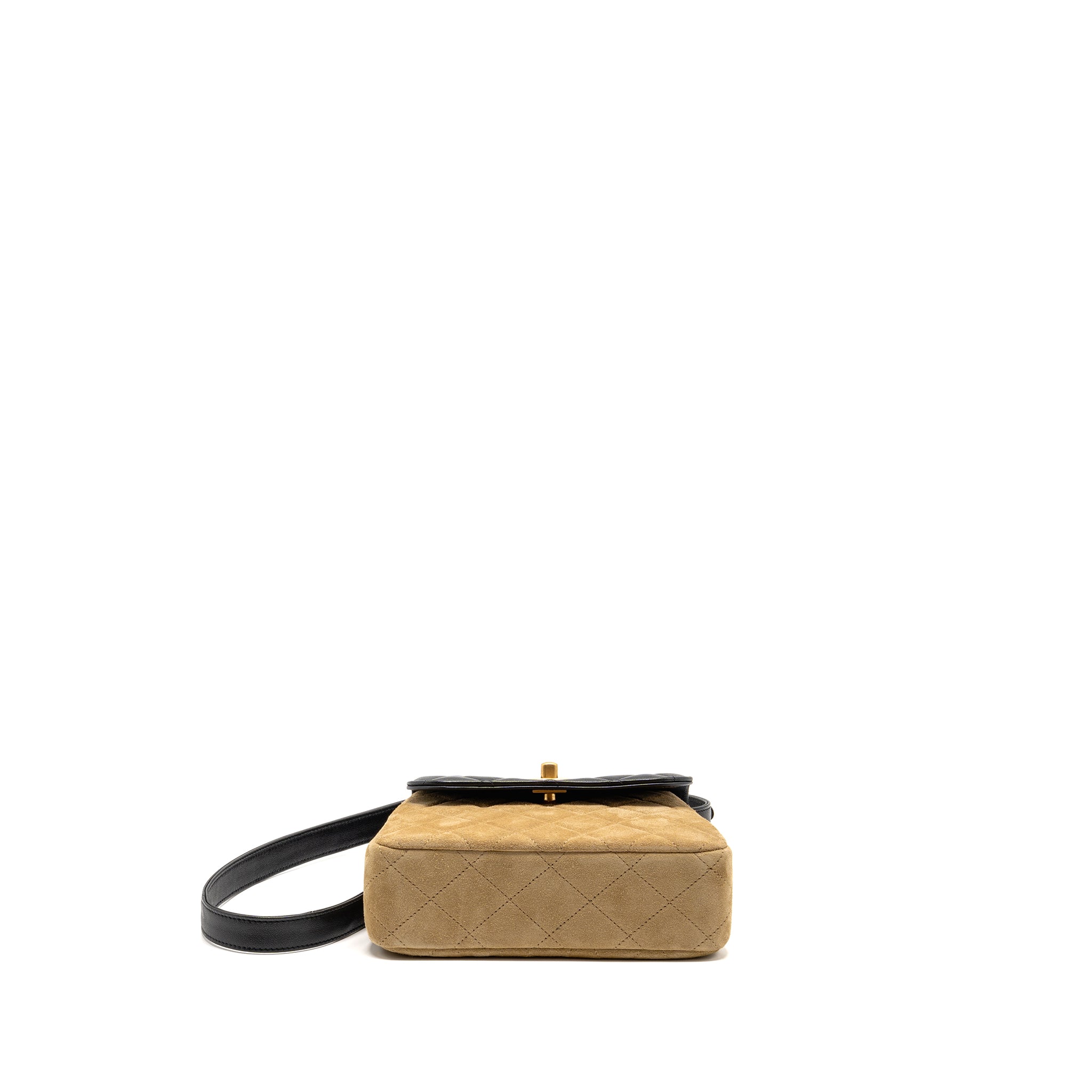 CHANEL 25A SUEDE PATCHWORK MINI CROSSBODY BAG LAMBSKIN BROWN/BLACK GHW (MICROCHIP)