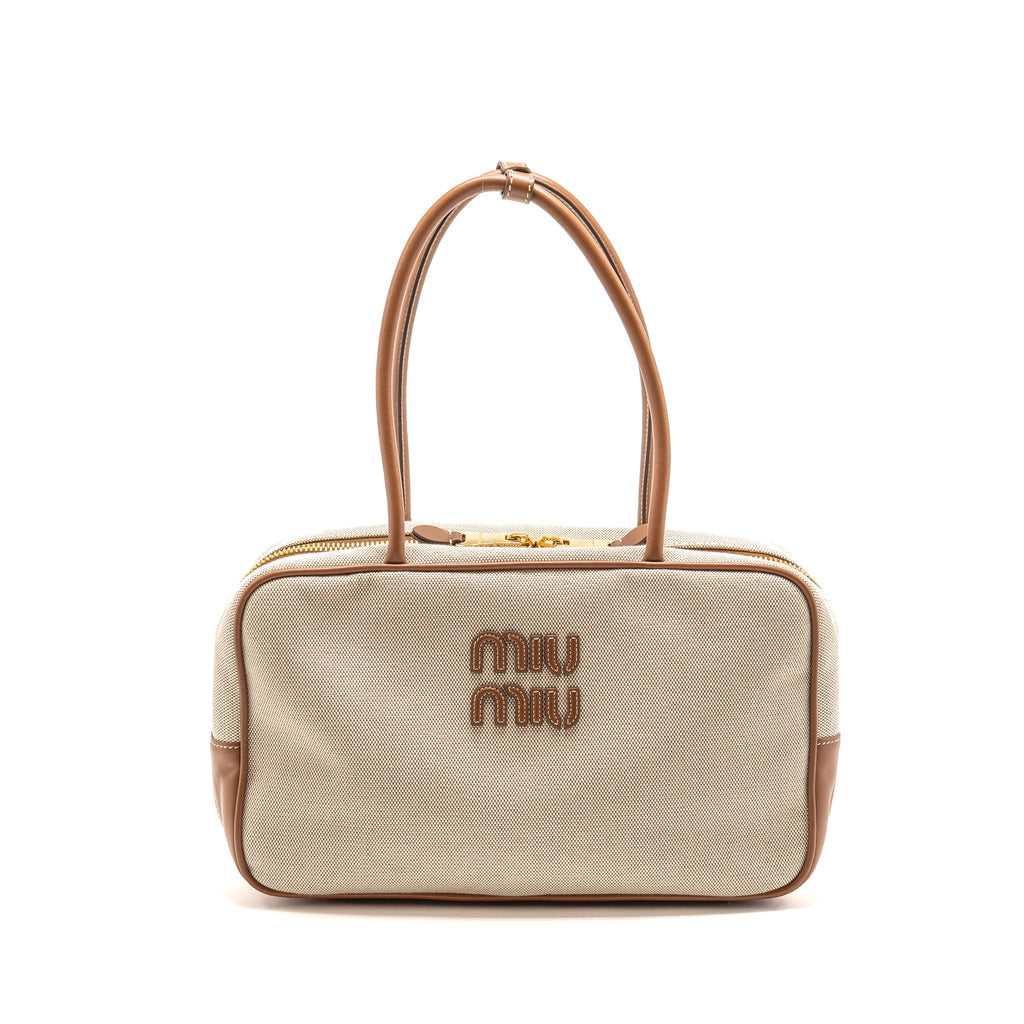 MIU MIU BEAU BAG CANVAS/LEATHER BEIGE/BRANDY GHW