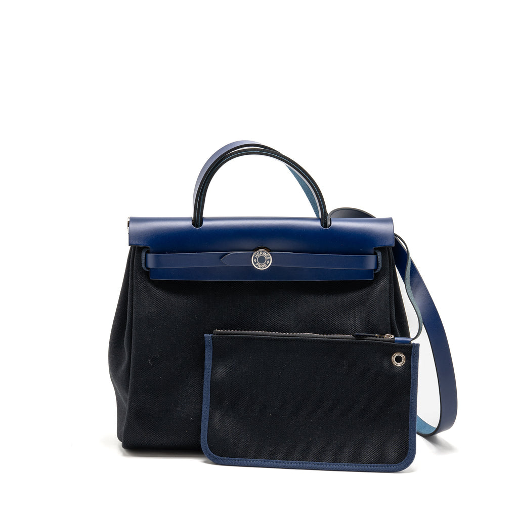 HERMES HERBAG 31 ZIP BAG CANVAS/HUNTER LEATHER BLACK/BLEU SAPHIR SHW