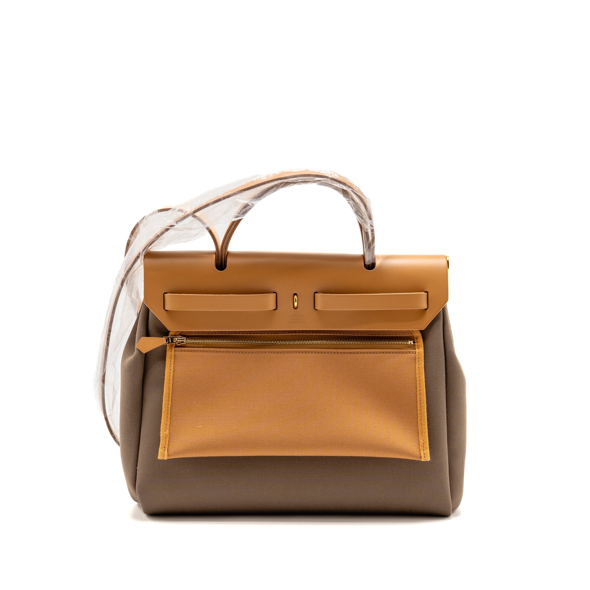 HERMES HERBAG 31 ZIP BAG CANVAS/HUNTER LEATHER ETOUPE / NATURAL SABLE GHW