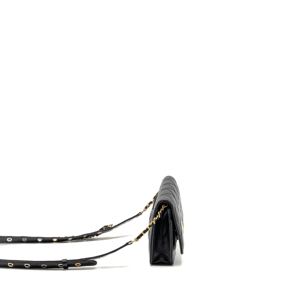 CHANEL DETAILED STRAP WALLET ON CHAIN LAMBSKIN BLACK WITH MULTICOLOUR HARDWARE (MICROCHIP)
