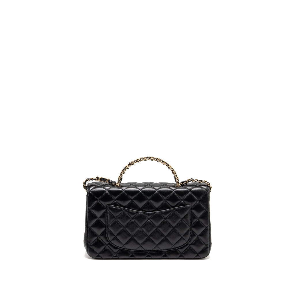 CHANEL 23A CRYSTAL TOP HANDLE FLAP BAG SHINY LAMBSKIN BLACK LGHW(MICROCHIP)