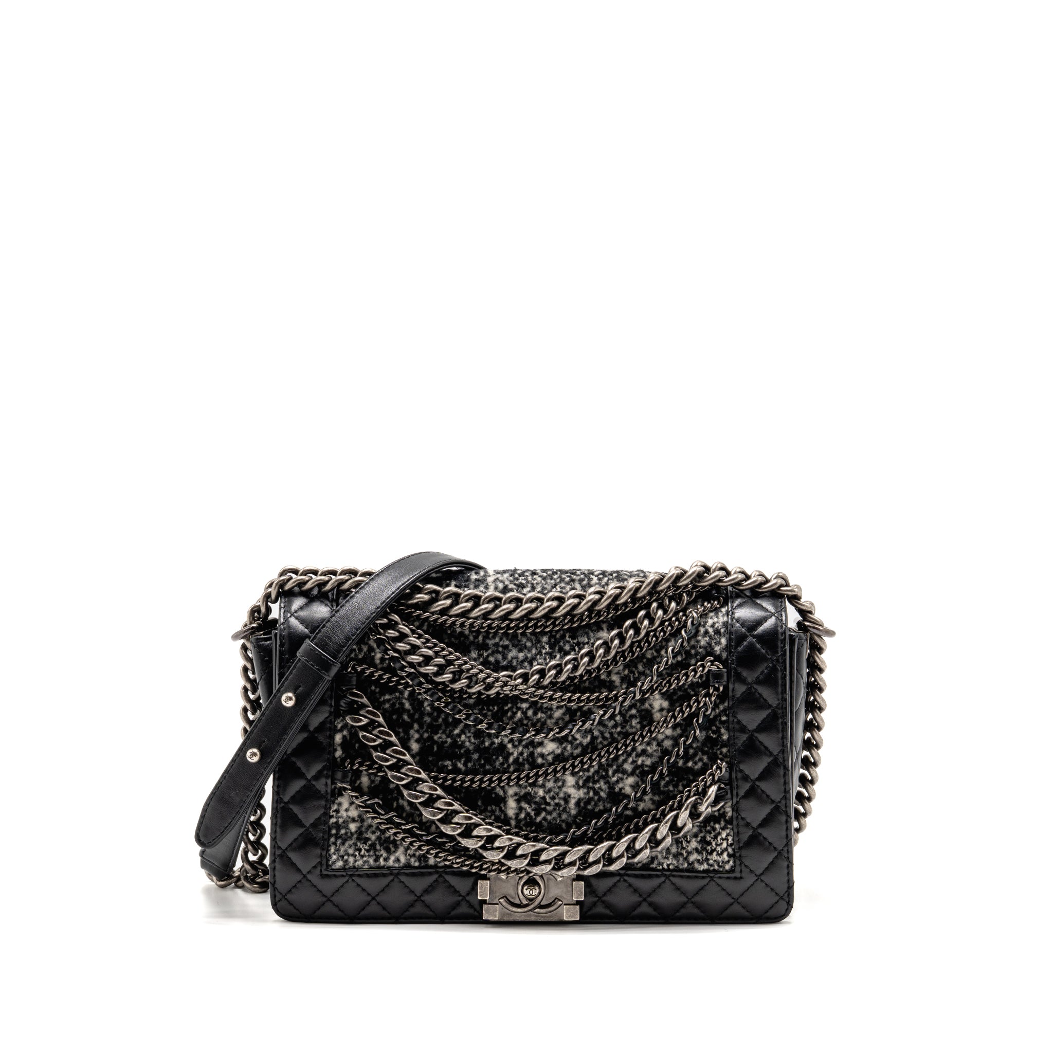 CHANEL MULTI CHAIN BOY BAG CALFSKIN/TWEED BLACK SHW