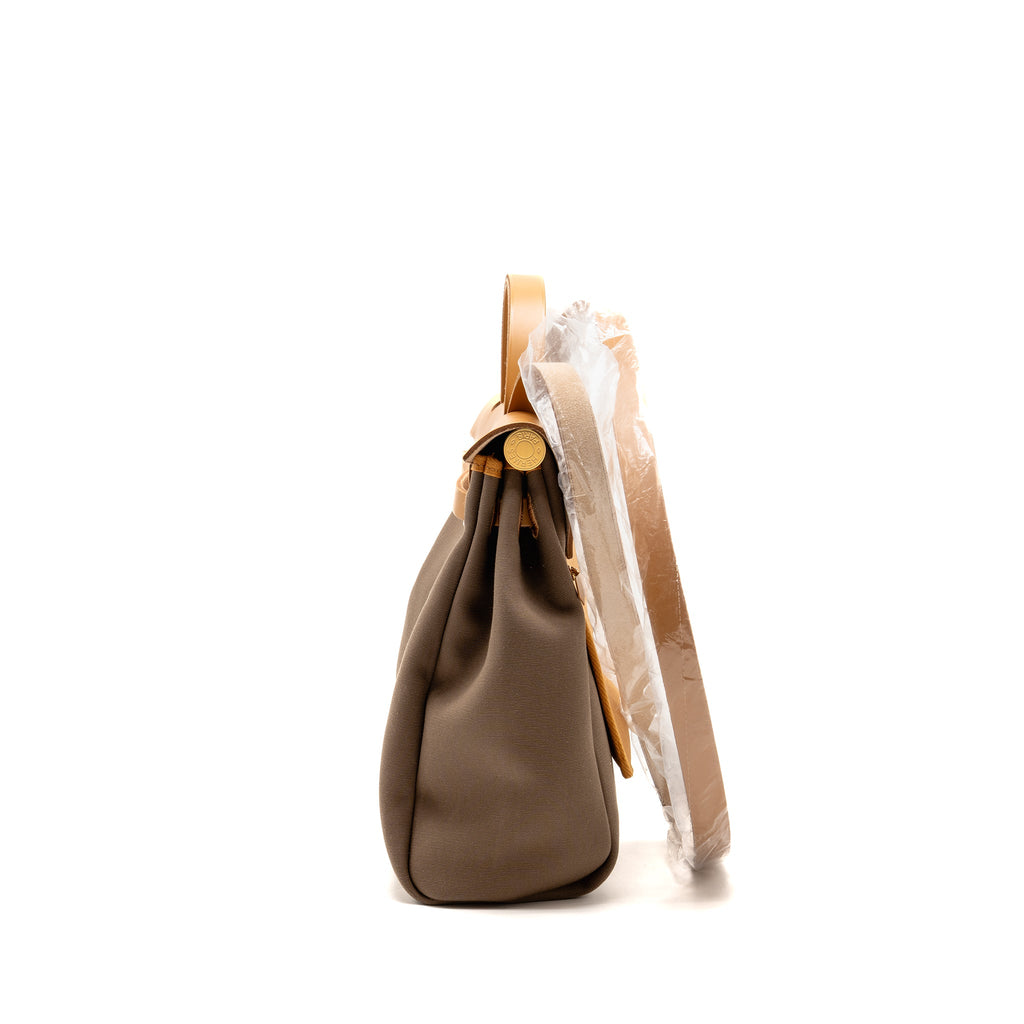 HERMES HERBAG 31 ZIP BAG CANVAS/HUNTER LEATHER ETOUPE / NATURAL SABLE GHW